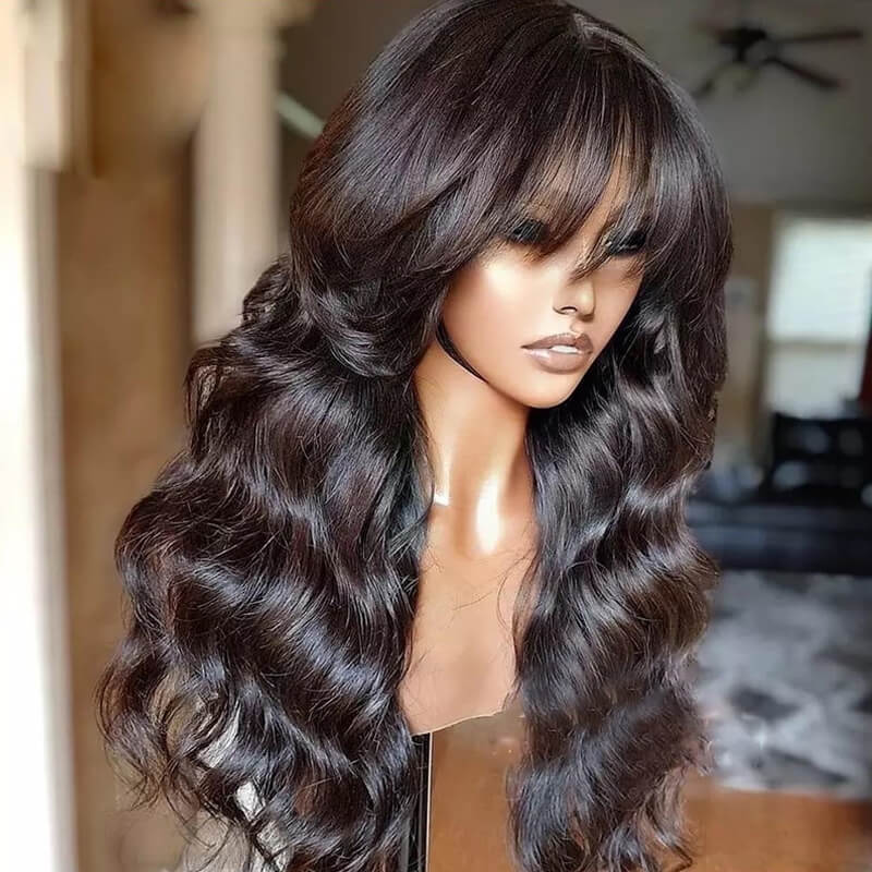 Eullair 12A Pre Cut Lace Closure Body Wave Human Hair Wig with Air Bangs - Brazilian Virgin Hair Wigs for Black Women | Natural Layered Cut, Blow Out Wavy Style for Daily Wear & Special Occasions