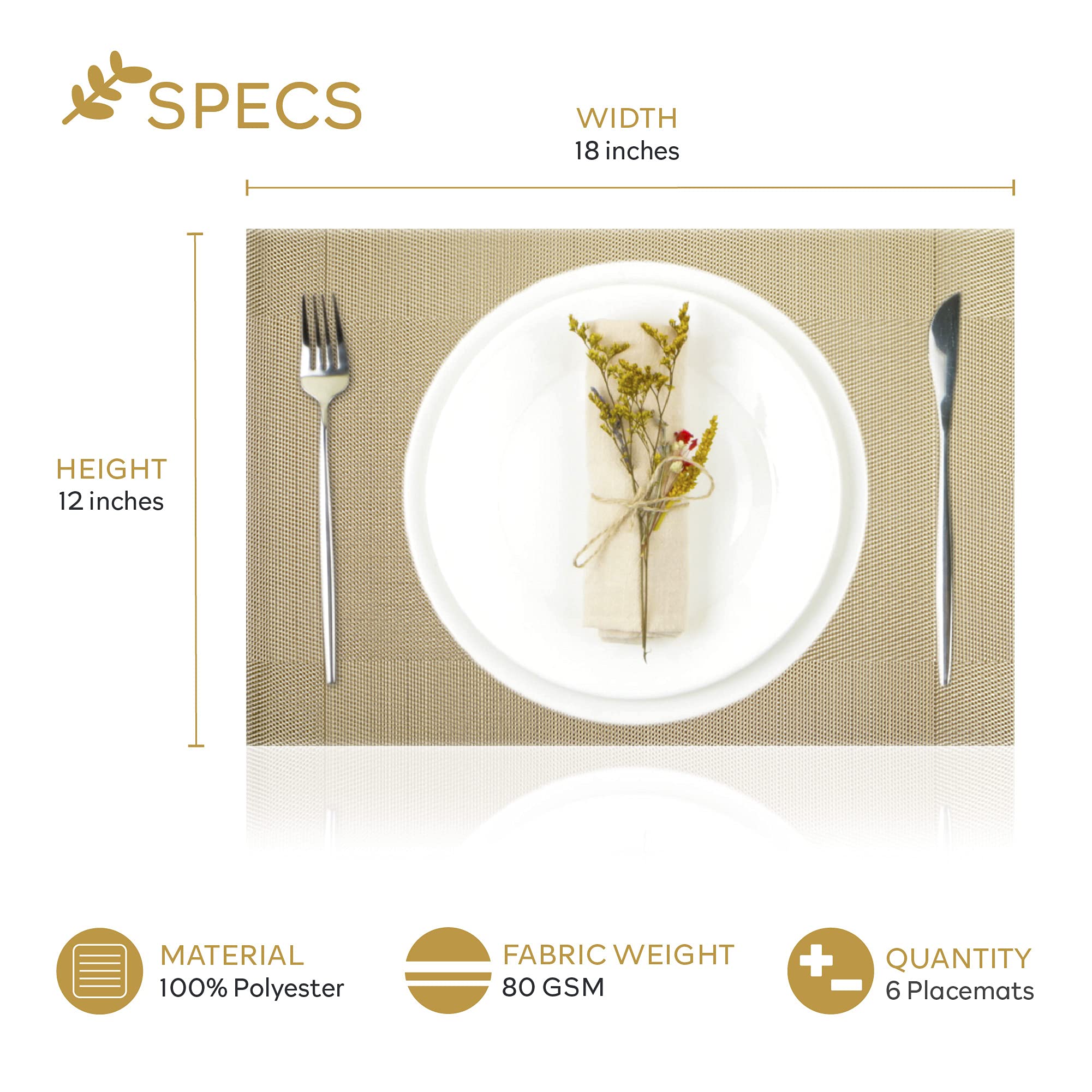 Premium Gold Placemats Set of 6 - 18x12 Inch Heat Resistant Table Mats for Kitchen & Dining | Non-Slip Woven Vinyl Placemats - Waterproof, Washable & Easy Clean | Perfect for Everyday Meals, Dinner Parties & Holiday Gatherings