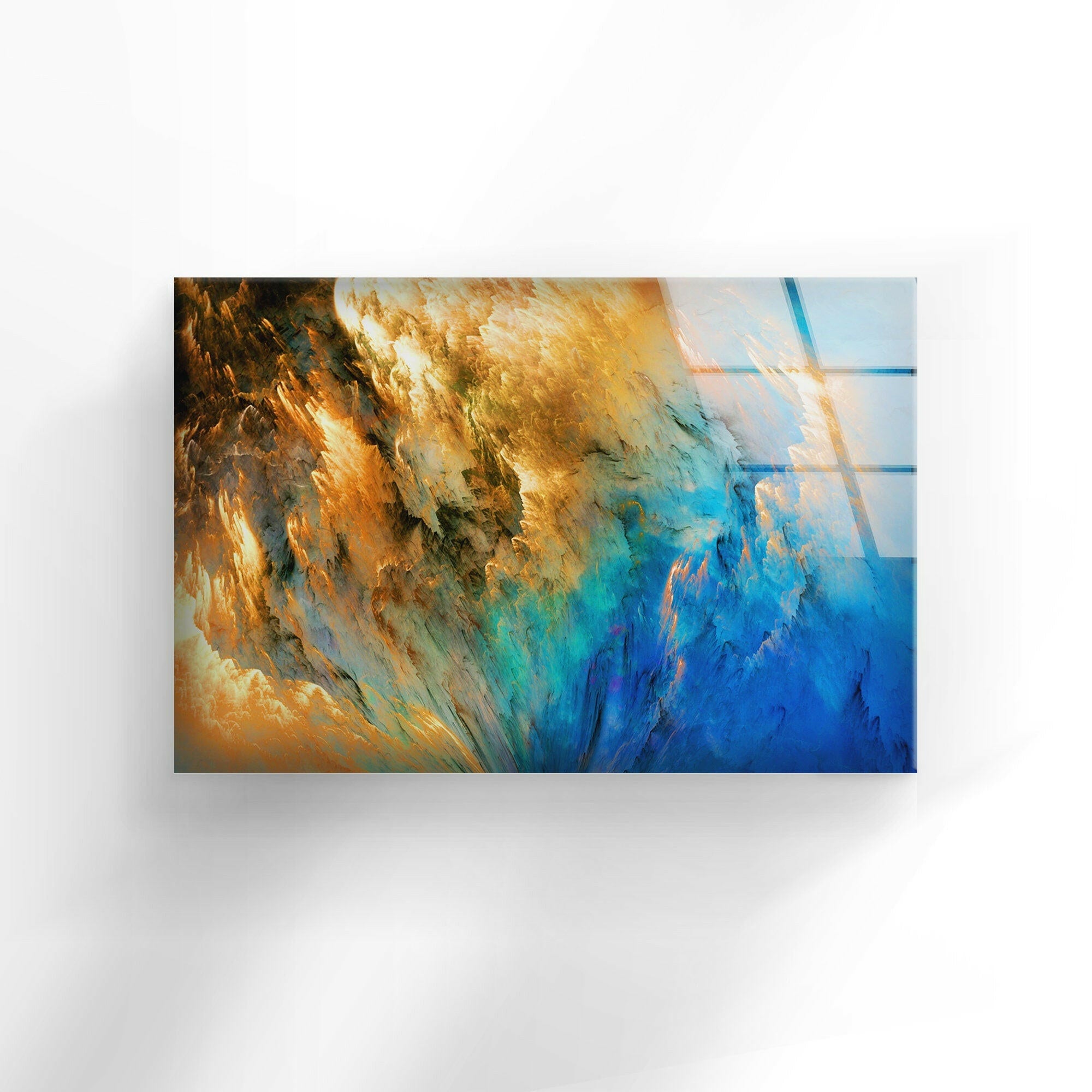 Blue Gold Alcohol Ink Glass Wall Art - Handmade Abstract Painting for Home & Office Decor - Perfect for Living Room, Bedroom, or Gift