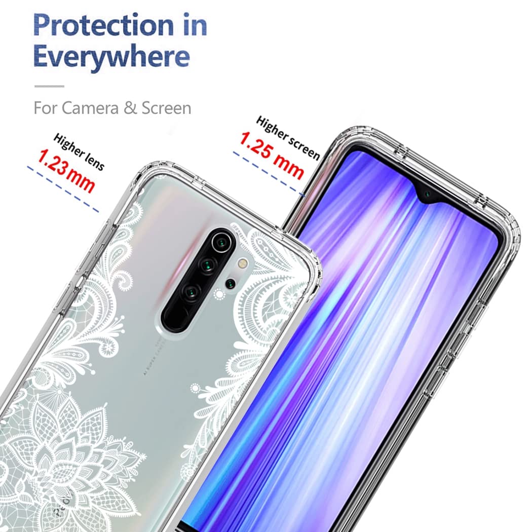 Premium Clear Mandala Phone Case for Xiaomi Redmi Note 8 Pro (M1906G7I) with Tempered Glass Screen Protector - Slim Full Body Protective Cover - Perfect for Daily Use, Travel & Gift Giving
