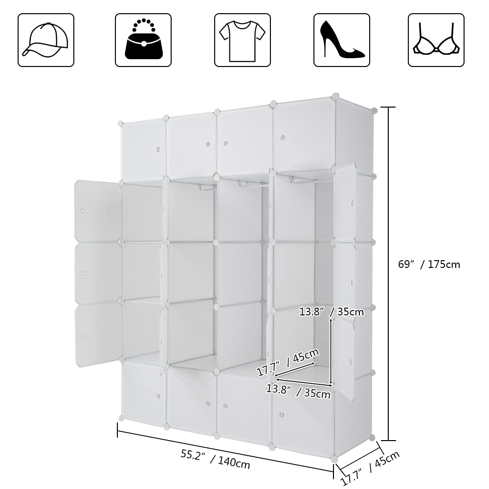 20-Cube Stackable Plastic Storage Shelves - Modular Closet Organizer with Hanging Rod, White | Space-Saving Home & Office Organization for Bedroom, Living Room, Kids Room