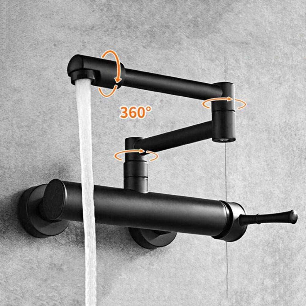 Brass Wall Mount Faucet - Folding Telescopic Kitchen Sink Faucet with Hot & Cold Water - Black In-Wall Two Hole Installation for Laundry Trough & Utility Sink (Perfect for Small Spaces & RVs)