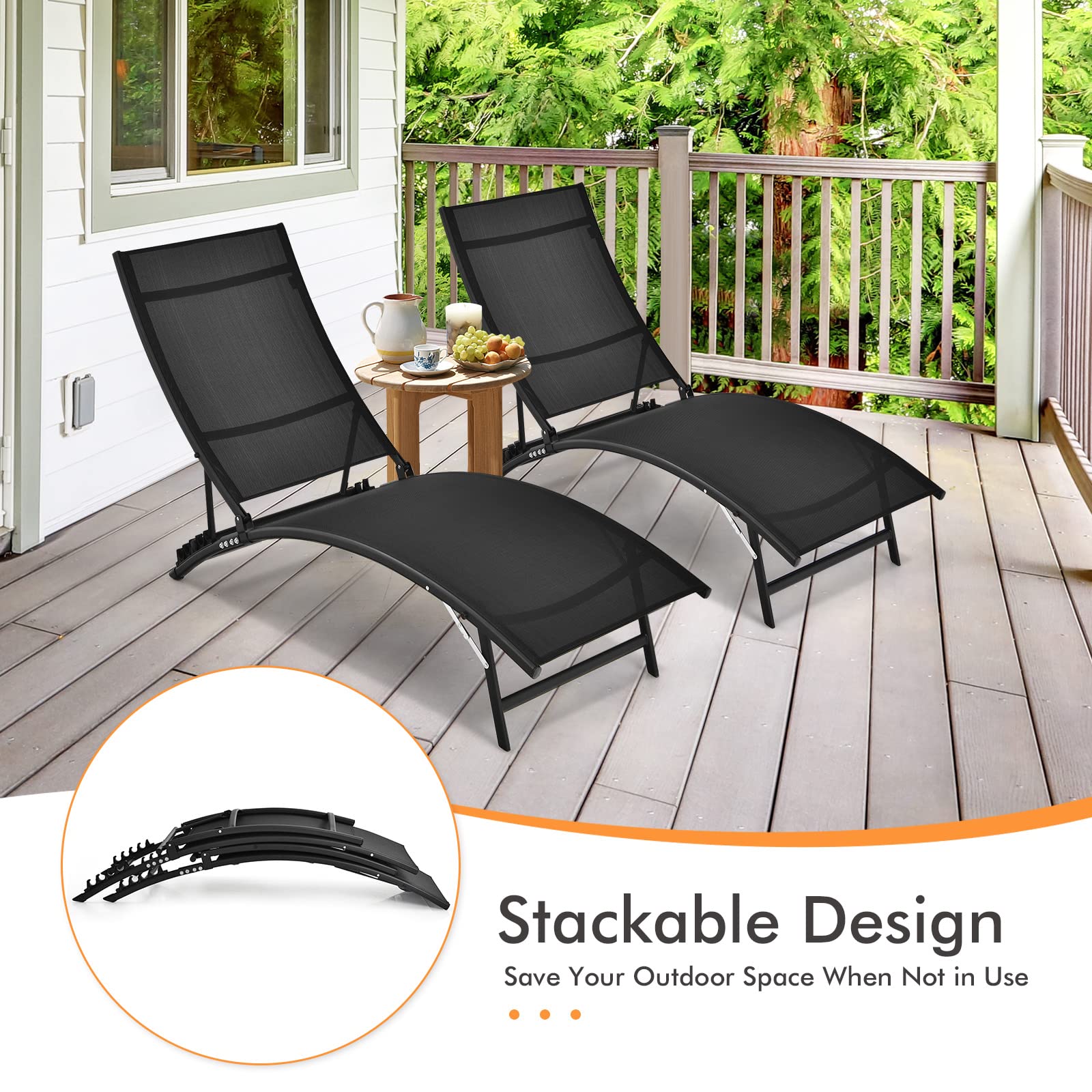 Giantex Outdoor Chaise Lounge Set of 2 - Foldable Pool Lounge Chairs with 5-Position Adjustable Backrest, Quick-Drying Fabric - Patio Lounger for Backyard, Beach, Lawn & Sunbathing - Perfect for Poolside Relaxation, Summer Vacation & Outdoor Lounging (Black)
