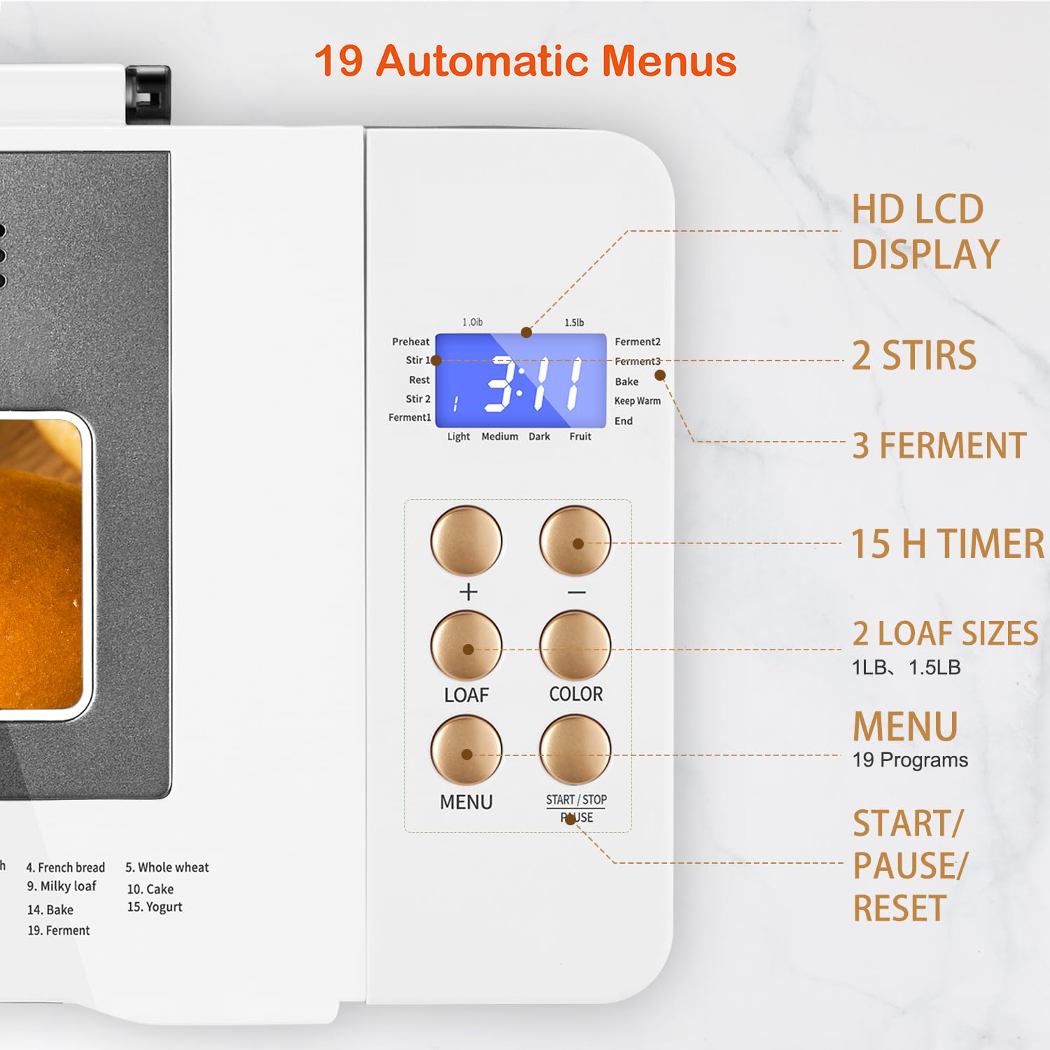 19-in-1 Smart Dual Heaters Bread Maker with Nonstick Ceramic Pan - 15H Timer & 1H Keep Warm - Stainless Steel Bread Machine for French, Gluten-Free, Sourdough - Perfect for Home Baking & Healthy Breakfast