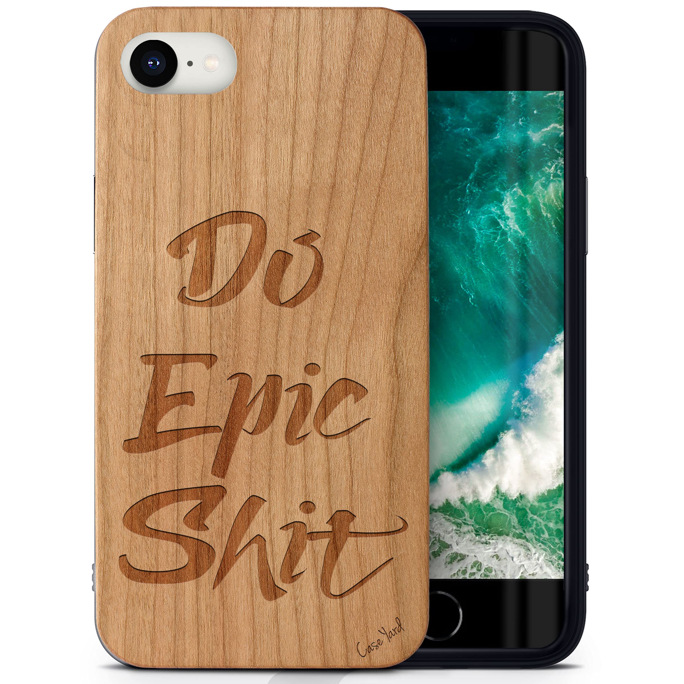 CaseYard Wood Phone Case for iPhone SE - Laser Engraved 'Do Epic Shit' Design in Cherry Wood | Slim Fit, Shockproof Protective Cover for Men & Women | Perfect for Outdoor Adventures & Daily Use