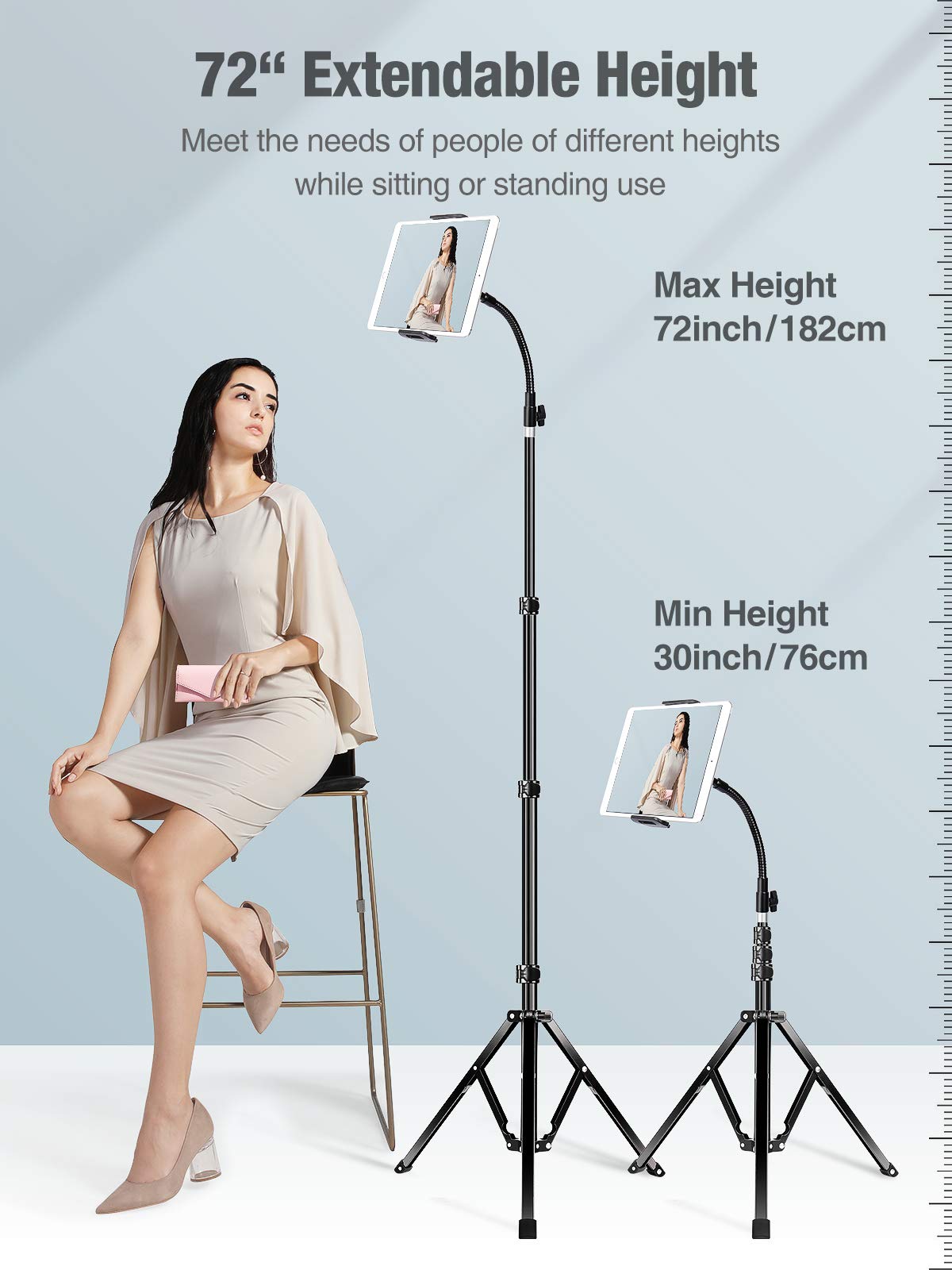 Elitehood Heavy Duty Aluminum iPad Tripod Stand - Adjustable 72