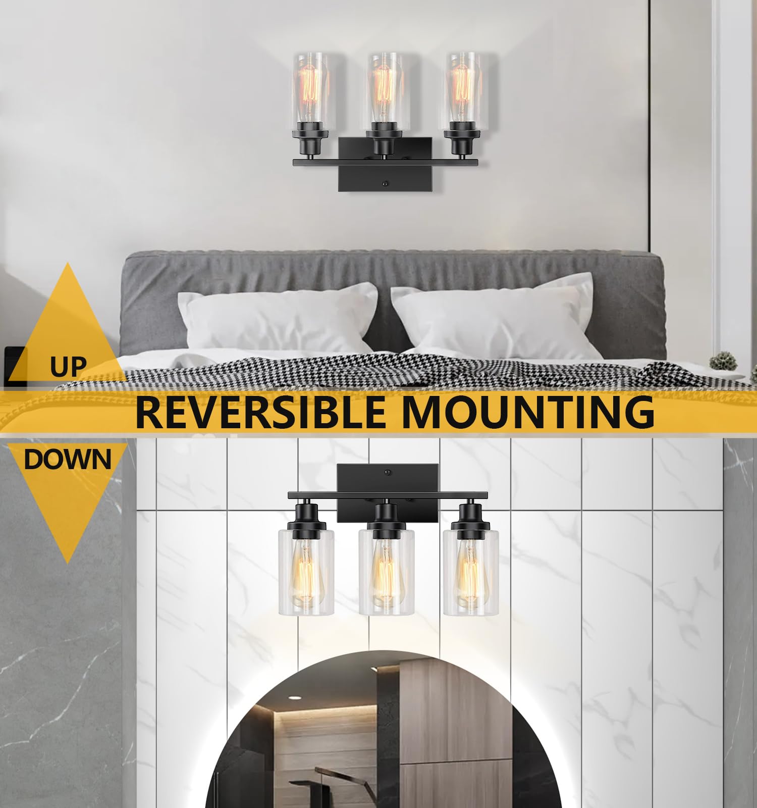 Modern Black 3-Light Bathroom Vanity Light Fixture with Clear Glass Shade - Metal Frame Wall Lamp for Bedroom, Washroom, Living Room & Hallway - E26 Base - Perfect for Bathroom Makeover & Home Decor Lighting
