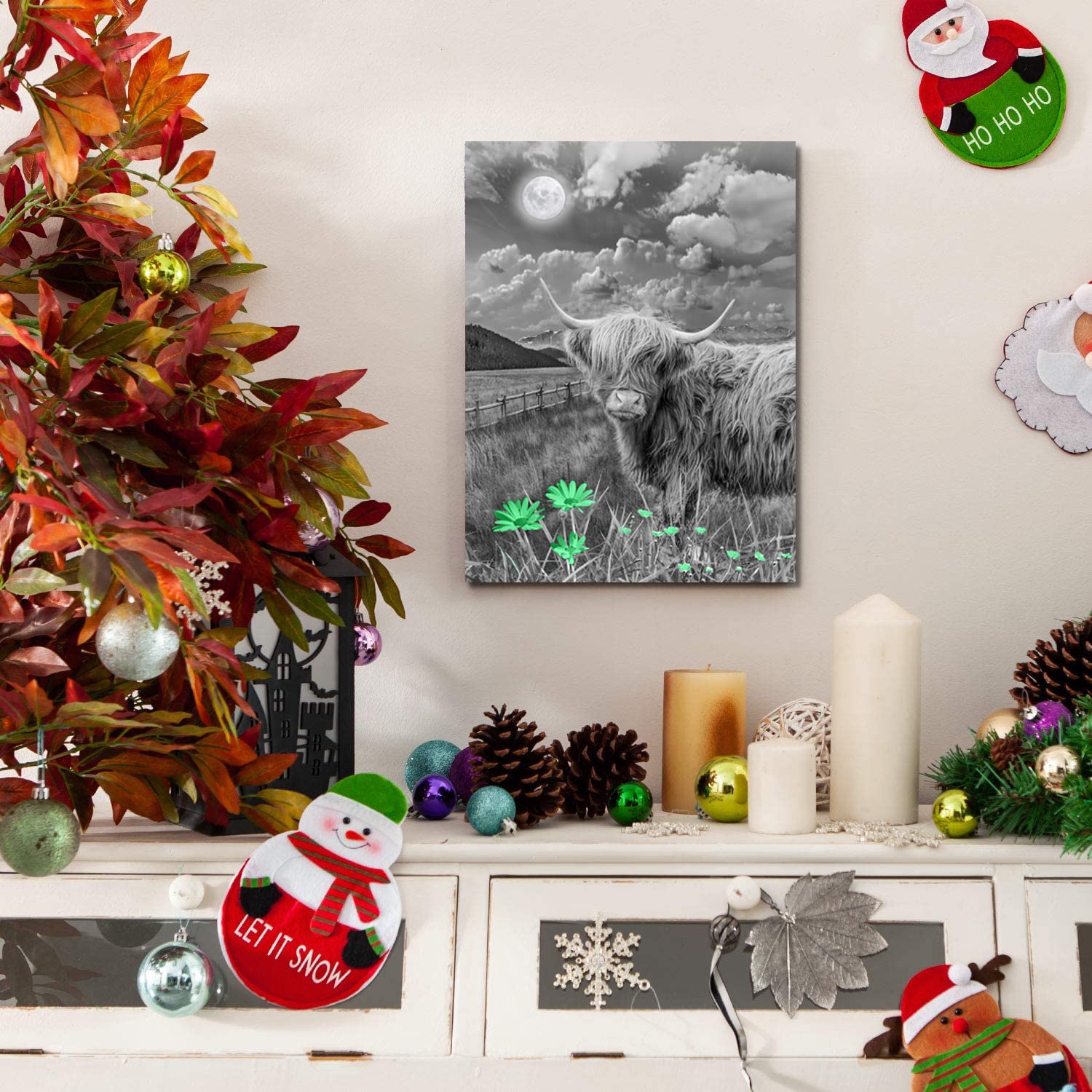 Highland Cow Wall Art - Rustic Canvas Print for Bathroom & Bedroom Decor - Green Cow Pictures 20x28 Inches - Farmhouse Style Home Decor for Living Room, Office & Gifts