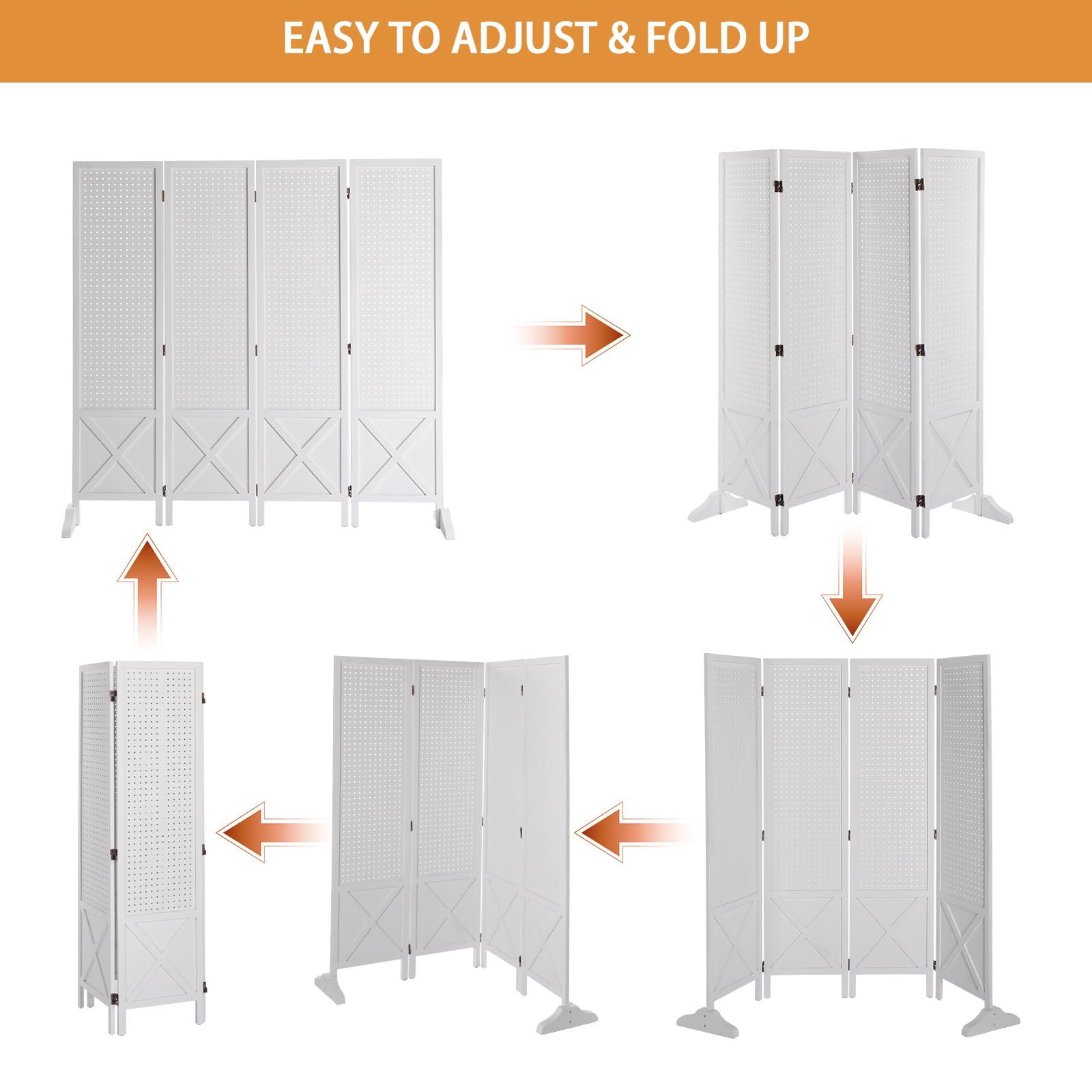 VINGLI 5 FT Freestanding Pegboard Organizer with Support Feet - White 4 Panel Wood Room Divider, Folding Privacy Screen & Display Board for Craft Shows, Retail Stores, Home Office & Event Space Separation