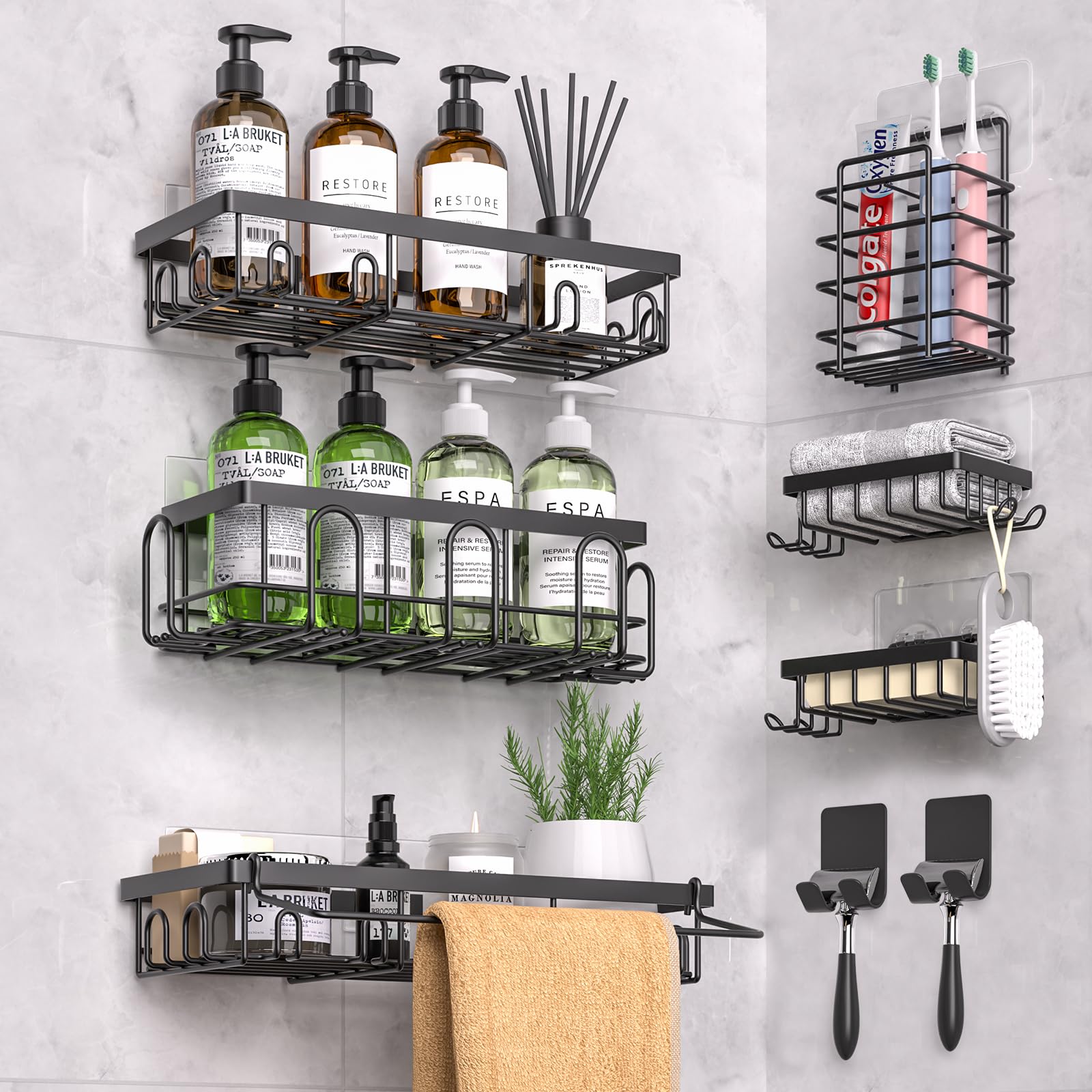 9-Pack Shower Caddy Organizer - Rustproof Stainless Steel Bathroom & Kitchen Storage - No Drill Adhesive Hooks - Large Capacity Shelves for Shampoo, Soap & Towels - Perfect for Small Spaces & Apartment Living (Black)