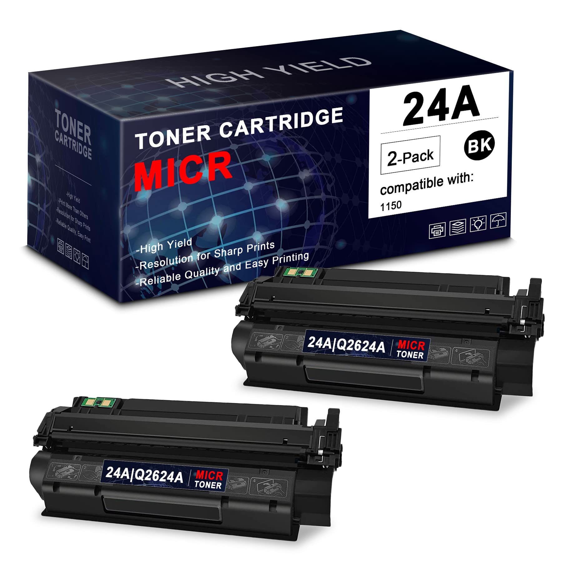 BERYINK 24A | Q2624A Compatible MICR Toner Cartridge (2-Pack, Black) for HP 1150 Printer - High-Quality Replacement Toner for Check Printing & Secure Banking Documents