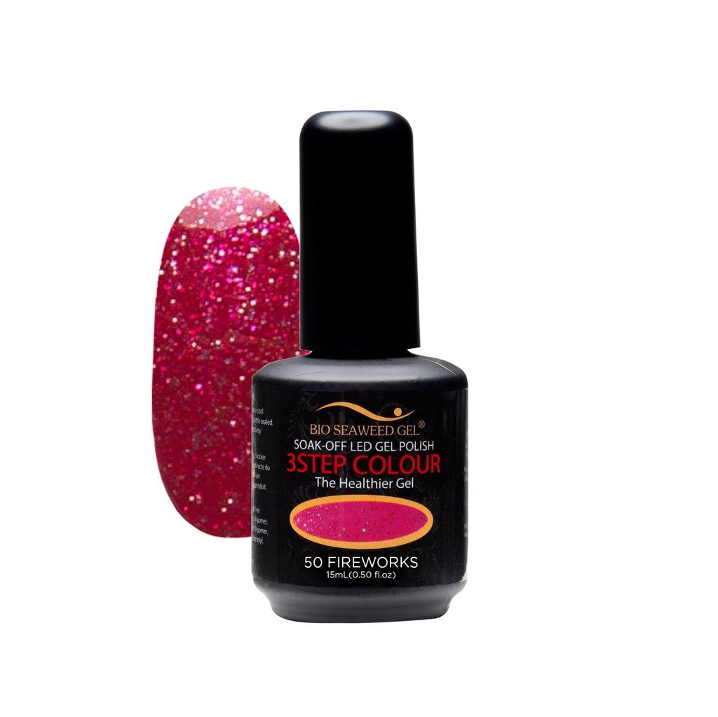 Bio SeaWeed Gel 3-Step UV/LED Gel Polish Kit - 15ml Fireworks Color Collection (50 Colors) - Long-Lasting Nail Art for Salon & Home Manicure