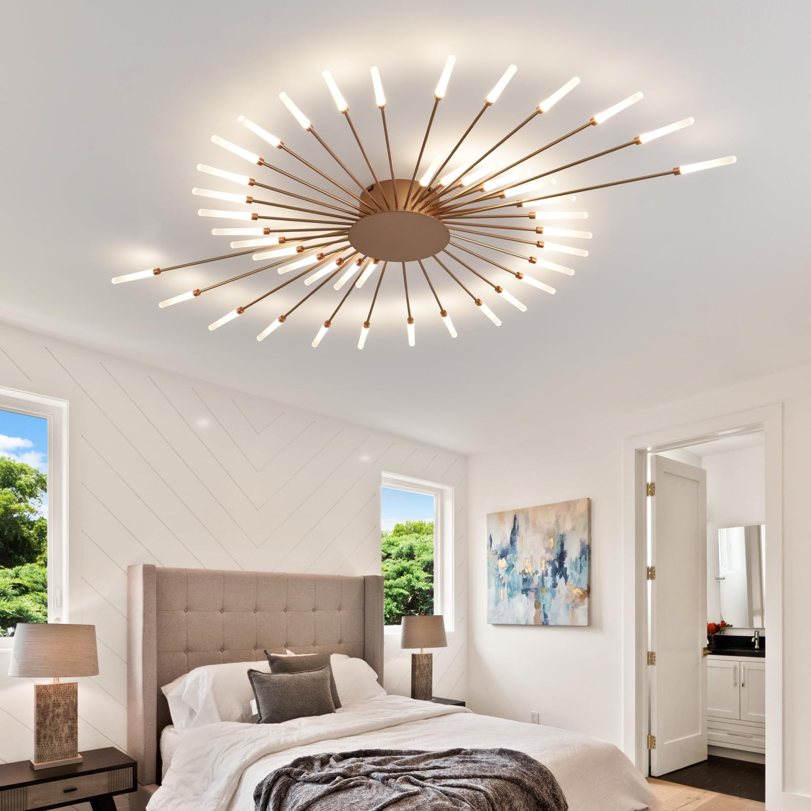 Modern 42-Light LED Flush Mount Chandelier - Flower Shape Ceiling Light Fixture for Living Room, Bedroom & Dining Room - Gold Metal Acrylic Design - Perfect for Home Decor, Ambient Lighting & Interior Design