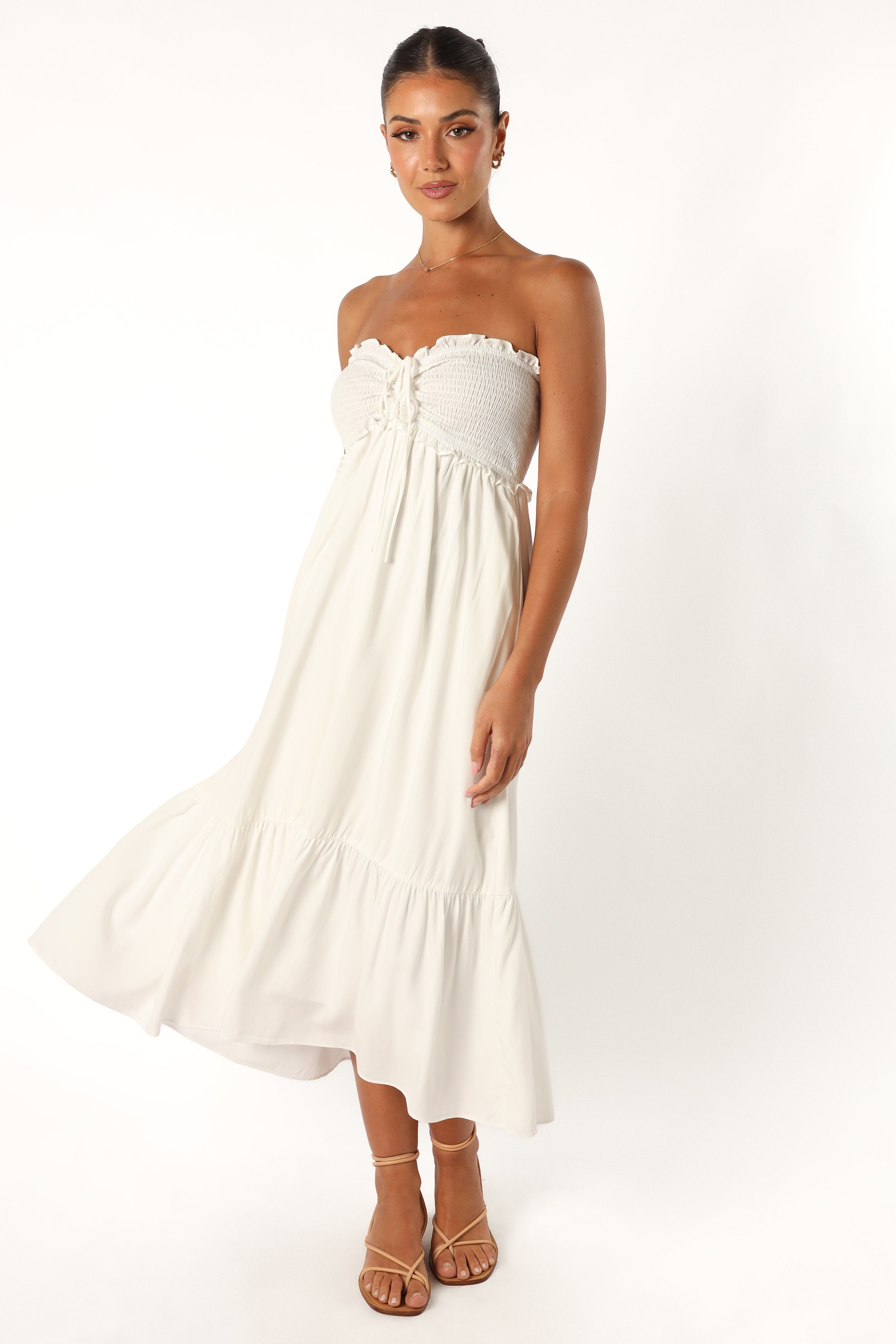 Dayton Strapless Midi Dress in White - Elegant Summer Cocktail Party & Wedding Guest Dress