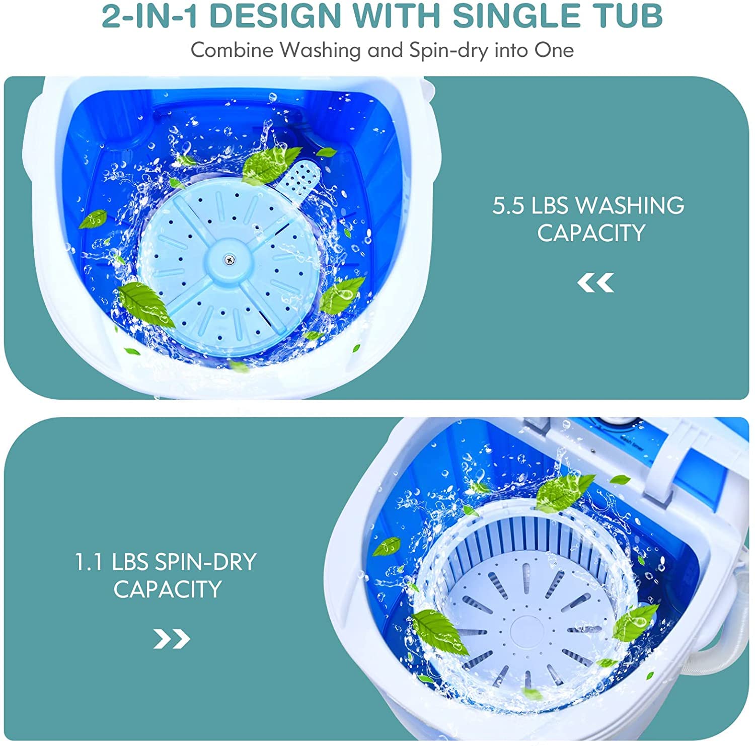 Portable Mini Washing Machine 1.6 Cu.ft Compact Washer - Blue | Perfect for Apartments, Dorms, RVs & Small Spaces | Energy Efficient & Quiet Operation
