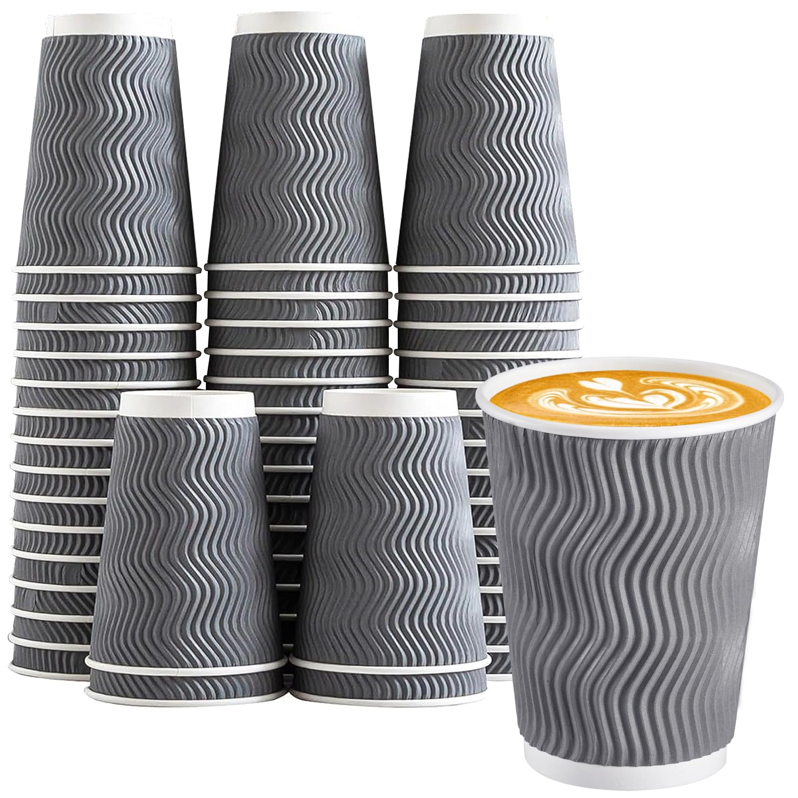 Lamosi 12 oz Insulated Disposable Coffee Cups - 50 Pack Grey Paper Cups, Corrugated Ripple Wall Design for Hot & Cold Drinks, Perfect for Office, Cafes, and Catering Events