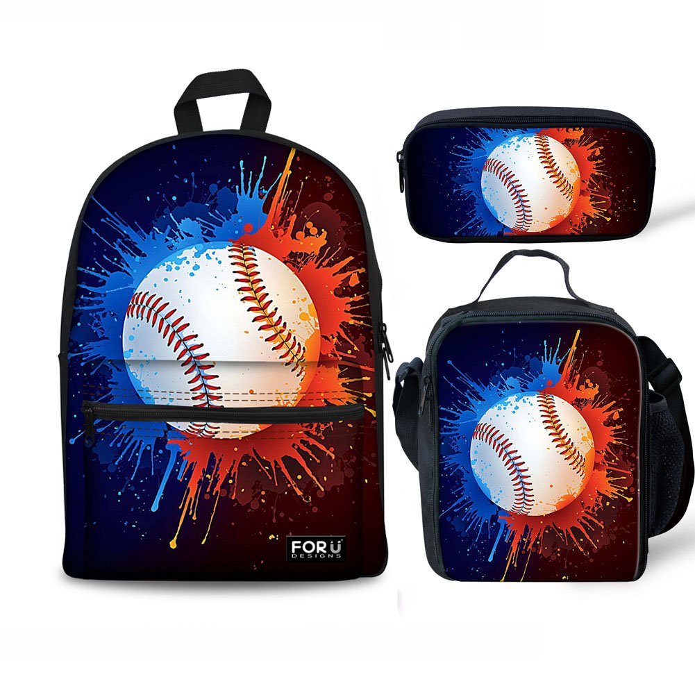 3 Piece Kids Backpack Set - Baseball Design Lightweight Travel Daypack, Lunch Bag & Pencil Box for Boys | School, Hiking & Outdoor Activities | Durable Casual Rucksack for Daily Use
