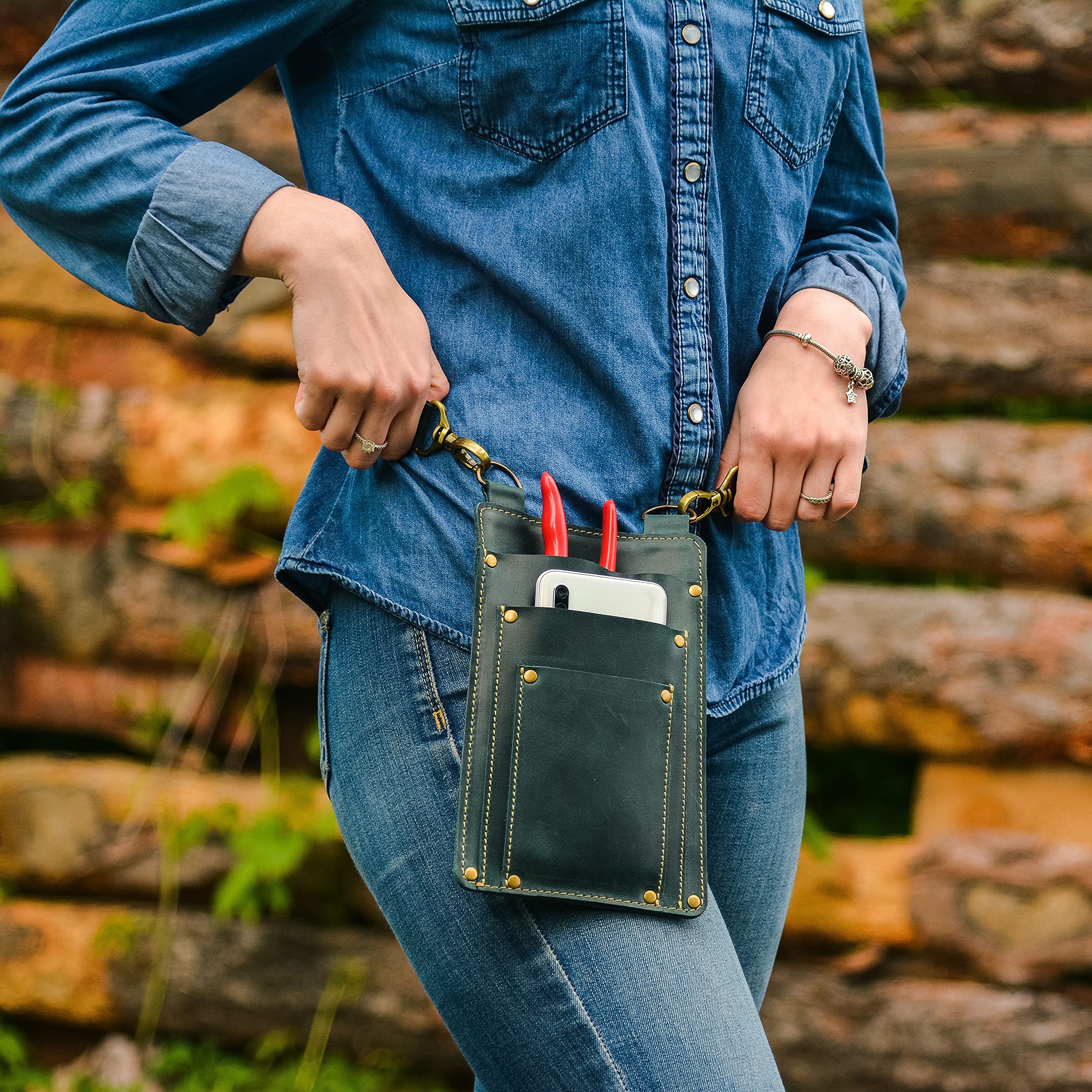 Leather Florist Tool Belt Bag - Garden Farmer Pouch Organizer with Hand Tools Holder - Utility Kit for Gardening, Landscaping & DIY Projects (Atlantic Deep Green) - Perfect for Outdoor Work, Planting & Crafting