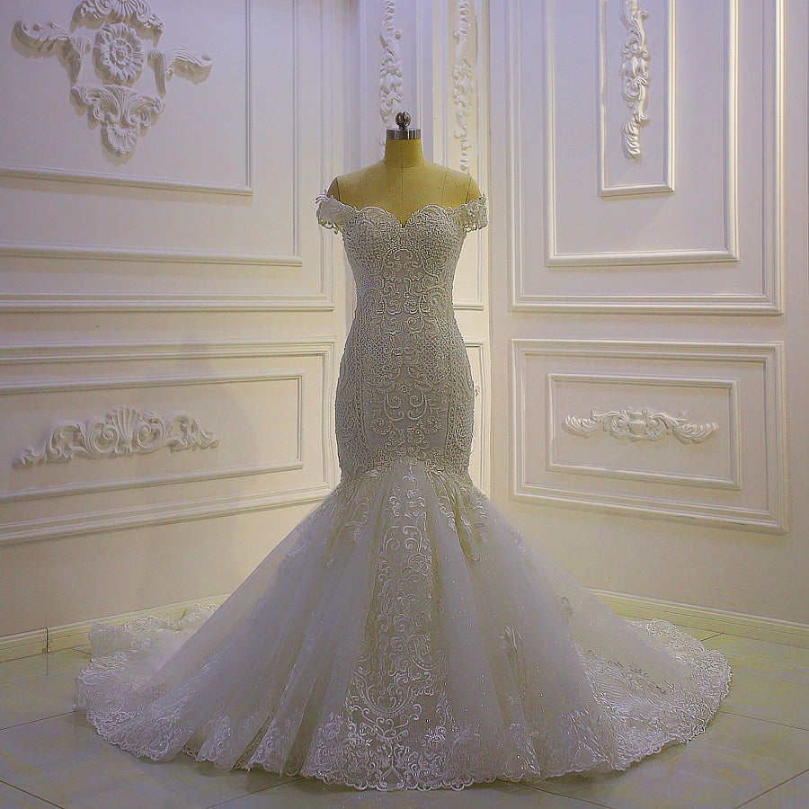 Elegant Off-Shoulder Lace Appliqued Mermaid Wedding Dress AM1037 - Perfect for Beach, Church & Romantic Bridal Ceremonies