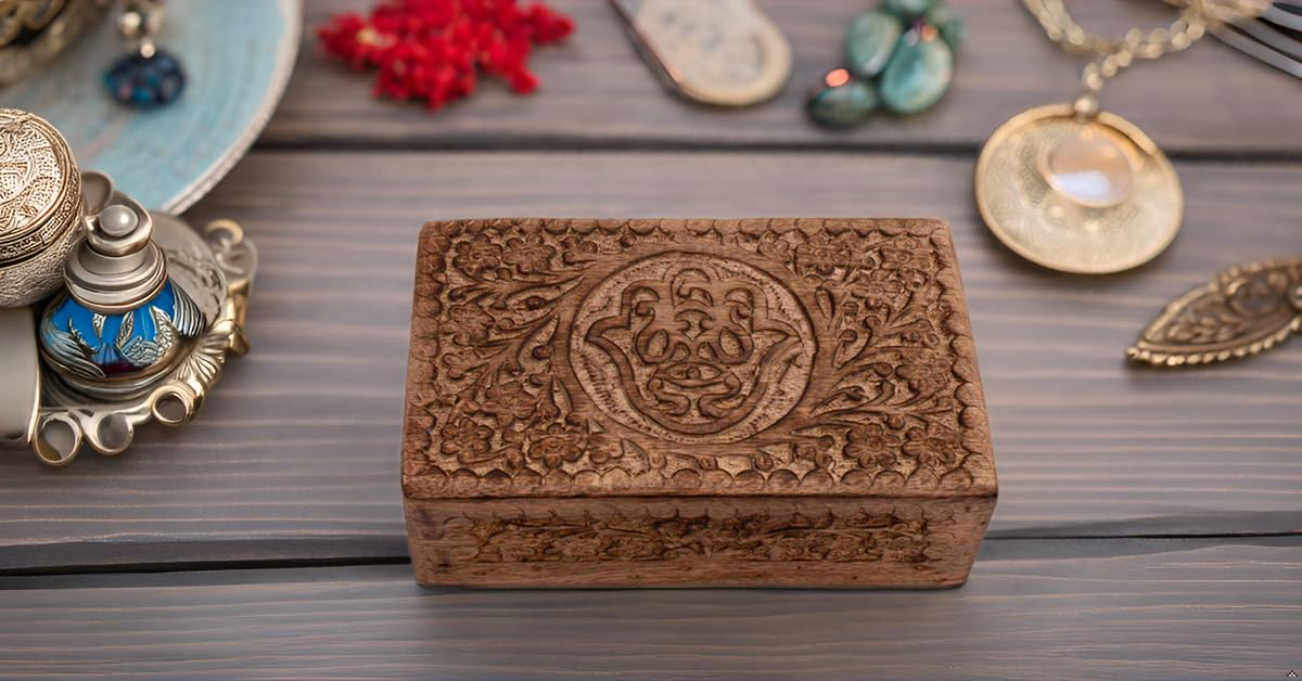Handmade Wooden Jewelry Box with Hamsa Carving - 8x5 Inch Jewelry Organizer, Keepsake & Watch Storage Box - Perfect for Home Decor, Housewarming Gifts & Travel Accessory Organization