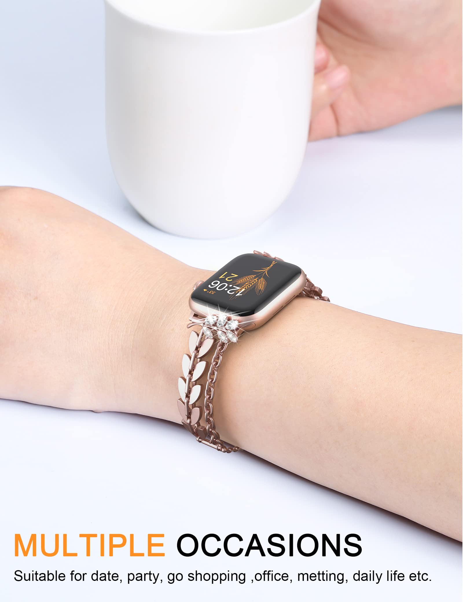 Sparkly Diamond Apple Watch Band 40mm 38mm 41mm 42mm - Bling Charm Bracelet Strap for Women, Compatible with iWatch Series 10/9/8/7/6/5/4/3/2/1/SE - Pink Gold Luxury Accessory for Work, Party & Everyday Wear