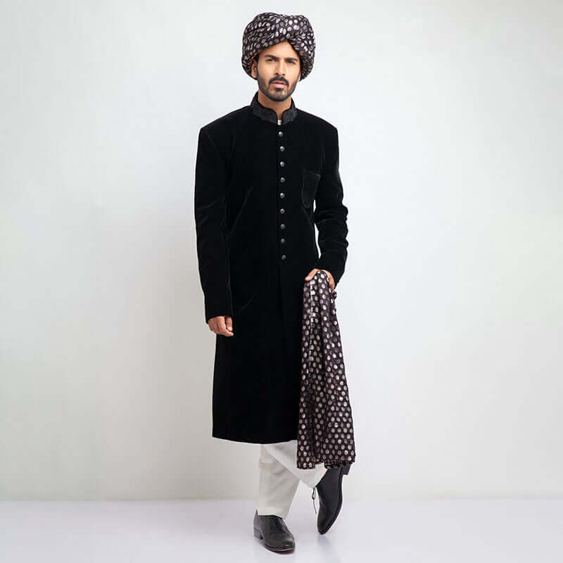 Black Velvet Form-Fitted Sherwani for Men | Elegant Indian Wedding Attire | Perfect for Grooms, Festivals & Special Occasions