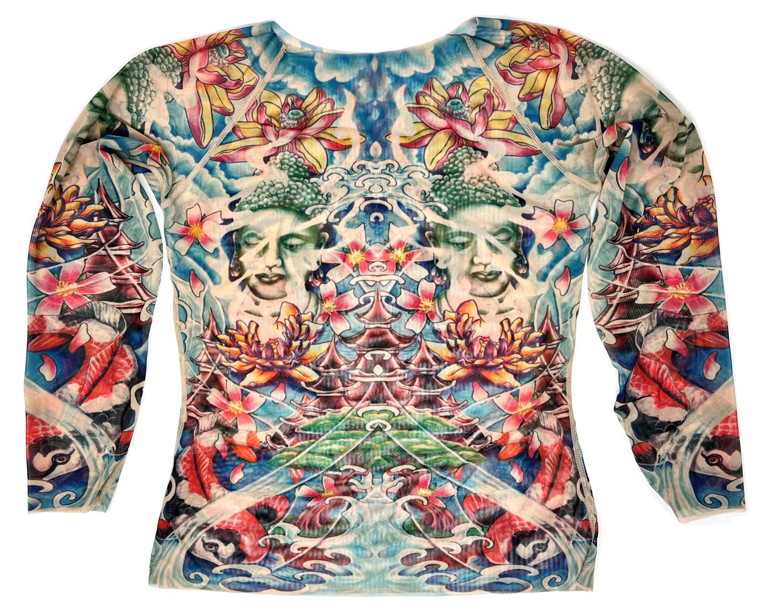 Wild Rose Women's Prayer Buddha Yoga Meditation Lotus Koi Zen Blue Tattoo Print Mesh Shirt - Perfect for Yoga, Meditation, and Spiritual Retreats