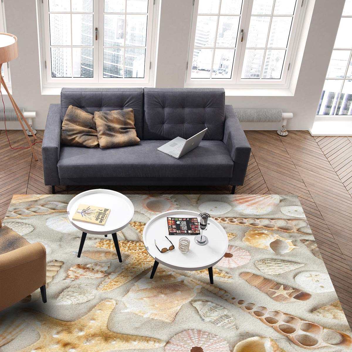Modern 5x8 Feet Seashell Starfish Ocean Theme Area Rug - Soft Non-Slip Decorative Floor Mat for Bedroom, Living Room & Nursery | Beach House Decor, Coastal Home Accent