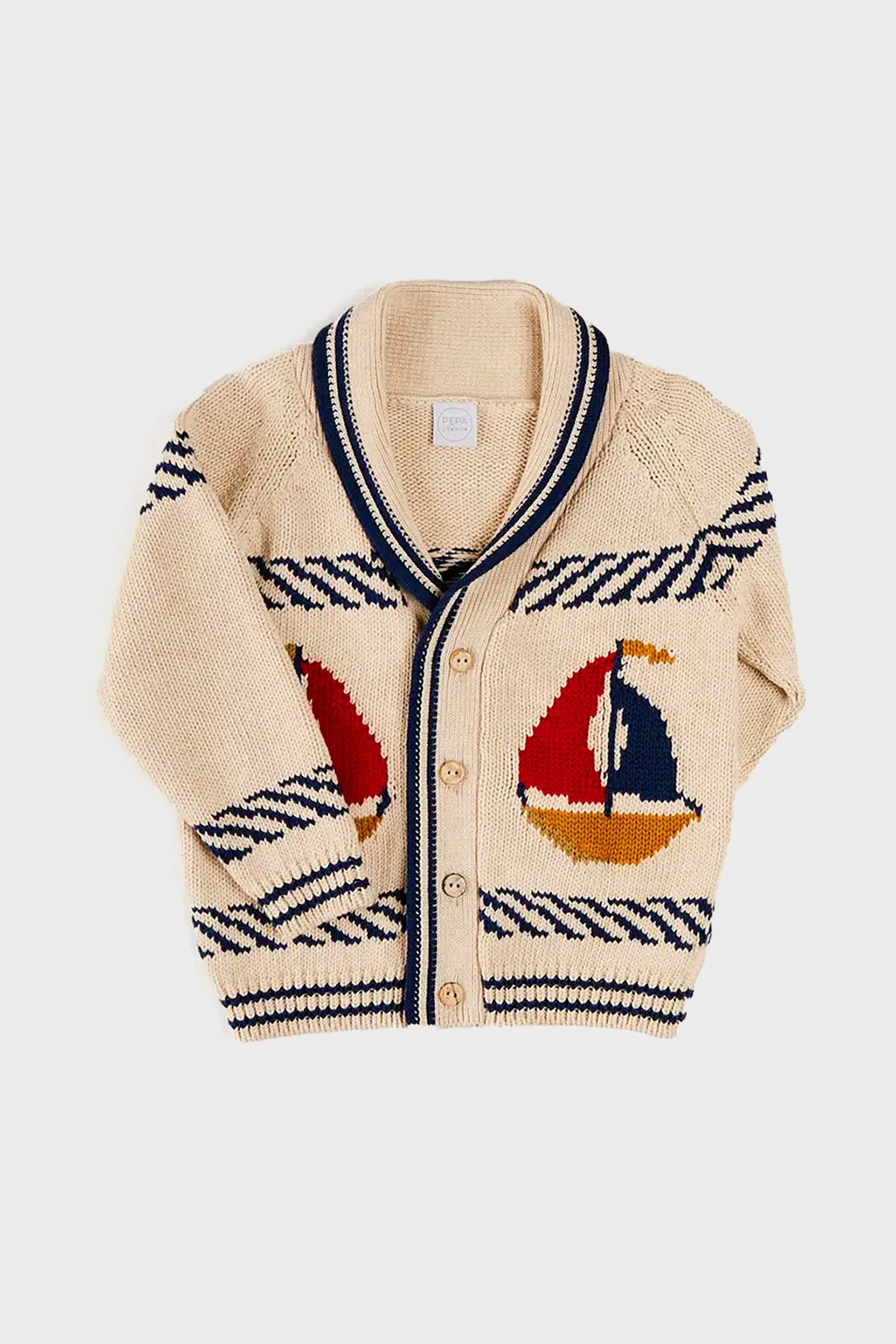 Stylish Beige Nautical Cardigan with Boat Motif Shawl Collar - Perfect for Casual Outings, Beach Trips, and Fall Layering