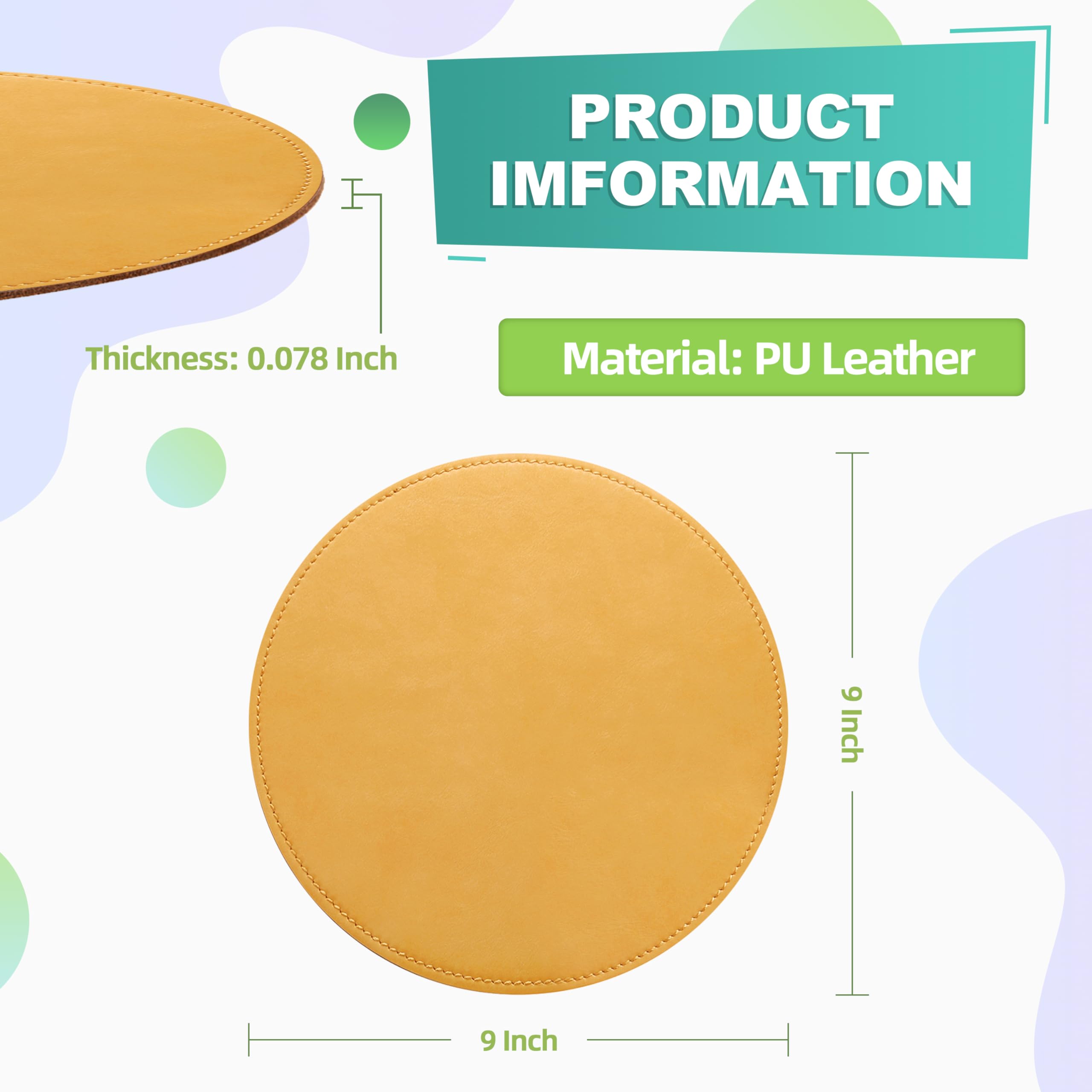 Premium Round PU Leather Mouse Pad with Stitched Edge & Non-Slip Micro-Fiber Base - Waterproof Desk Mat for Computer, Laptop, Office & Gaming - 9 x 9 Inch (Light Yellow) - Perfect for Work, Home & Professional Workspaces