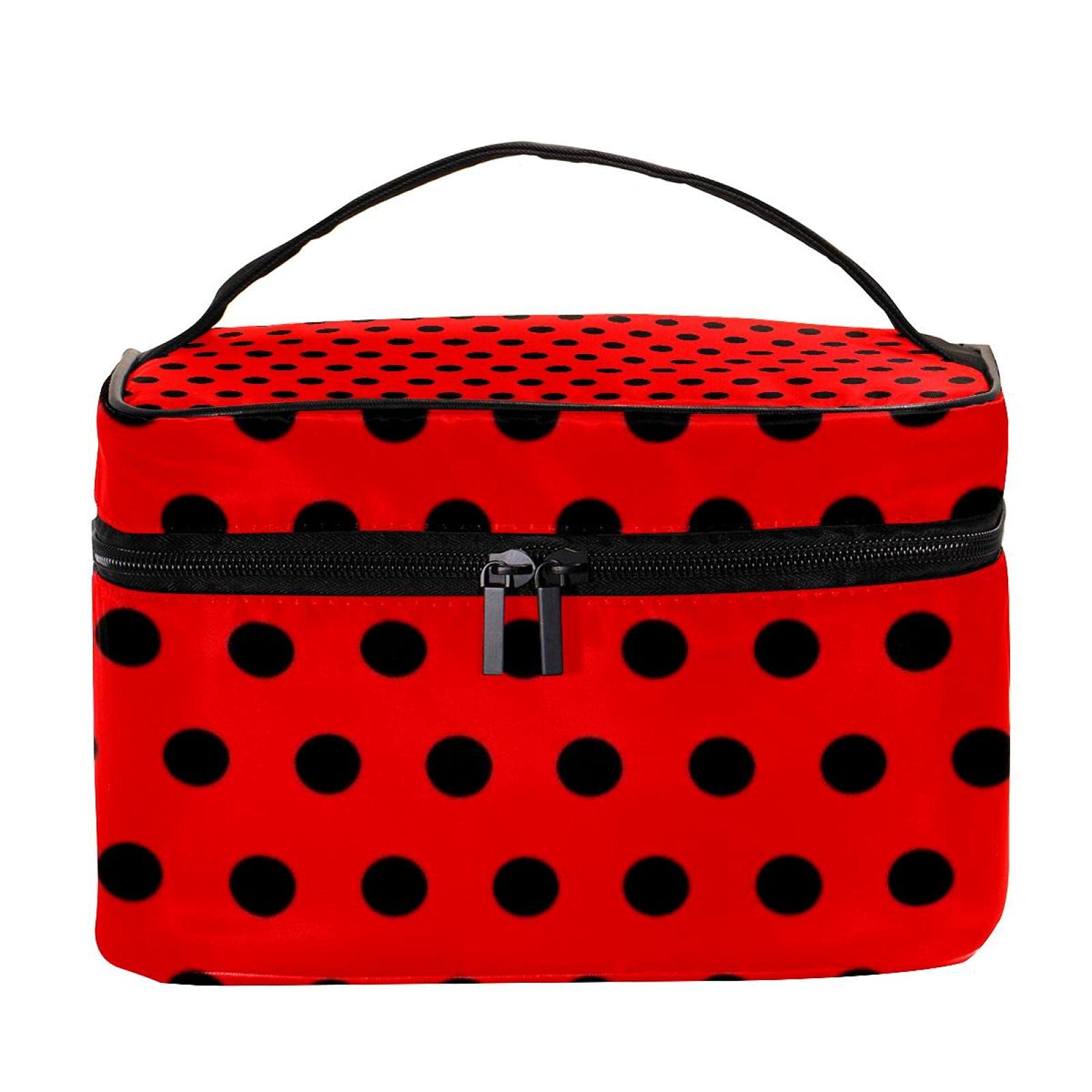 Black Polka Dots Red Pattern Large Travel Makeup Bag - Waterproof Cosmetic Organizer Case with Zipper for Women & Girls - Perfect for Vacation, Gym, and Daily Essentials Storage