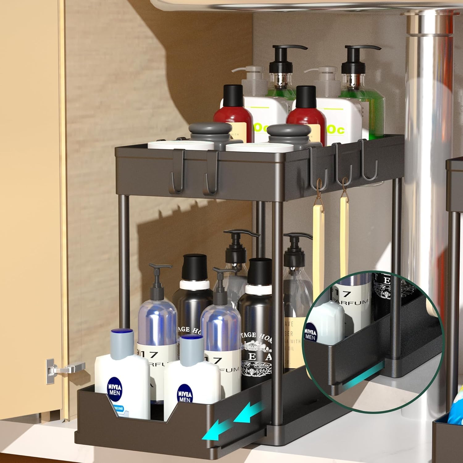 2-Pack Under Sink Organizer with Sliding Shelves & Hooks - Space Saving Bathroom & Kitchen Storage Cabinet - Perfect for Small Spaces Under Vanity, Bathroom Sink or Kitchen Cabinet - Black