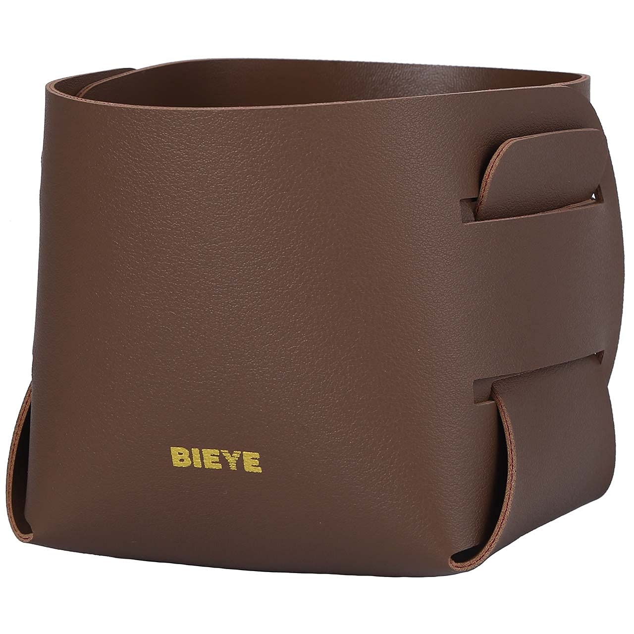 Bieye Collapsible Leather Storage Bin - Decorative Desk Organizer for Jewelry, Makeup, Pens, Pencils & Glasses | Compact 4x4x4 Inches | Perfect for Office, Bedroom & Vanity Organization (Brown)