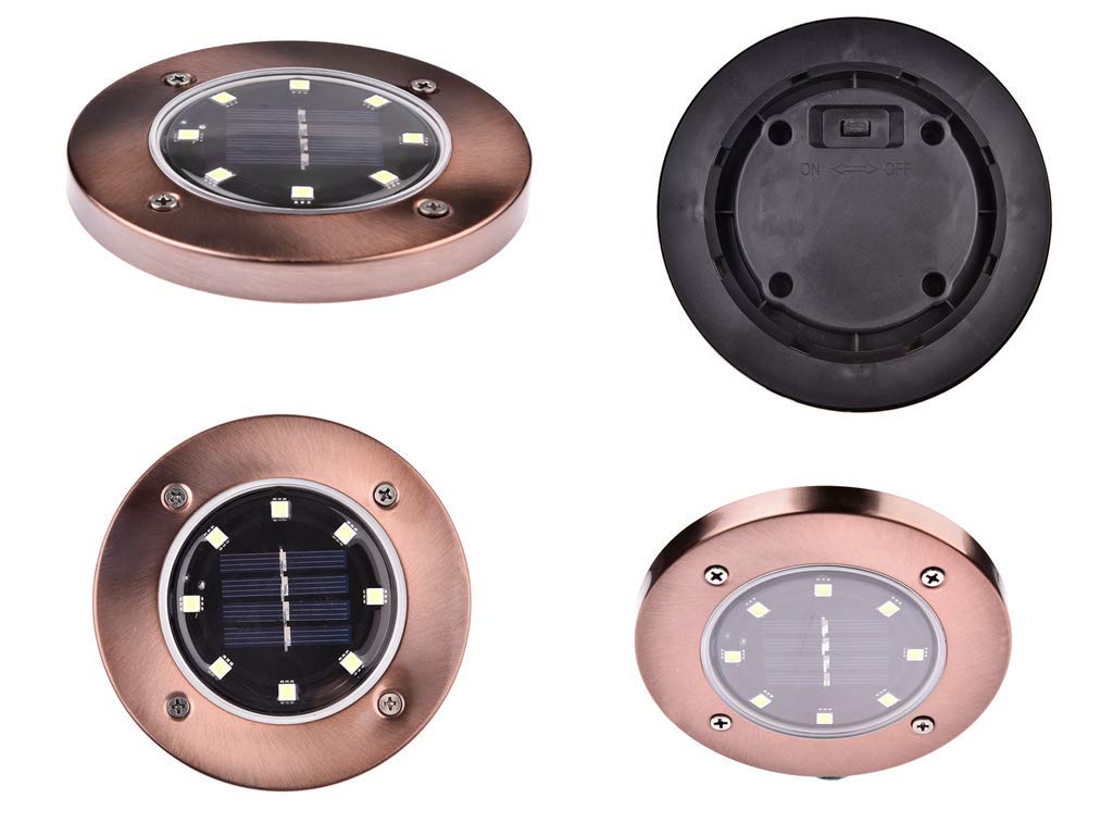 8 LED Solar Ground Lights - Waterproof Outdoor Disk Lights for Garden, Driveway, Lawn, Yard, Walkway, Pool, Patio, Deck (6 Pack, White, Copper/Bronze Finish) - Perfect for Landscape Lighting & Nighttime Safety