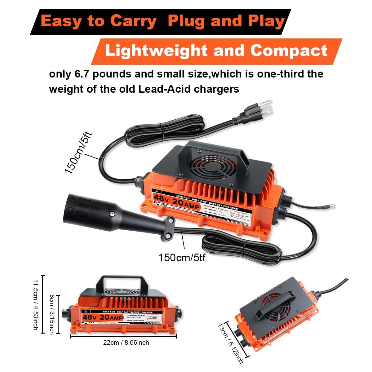 48V 20 AMP Golf Cart Battery Charger for Club Car - 1250W Lead-Acid Charger with 3-Pin Round Plug | Fast Charging for Golf Carts, Electric Vehicles & Outdoor Power Equipment