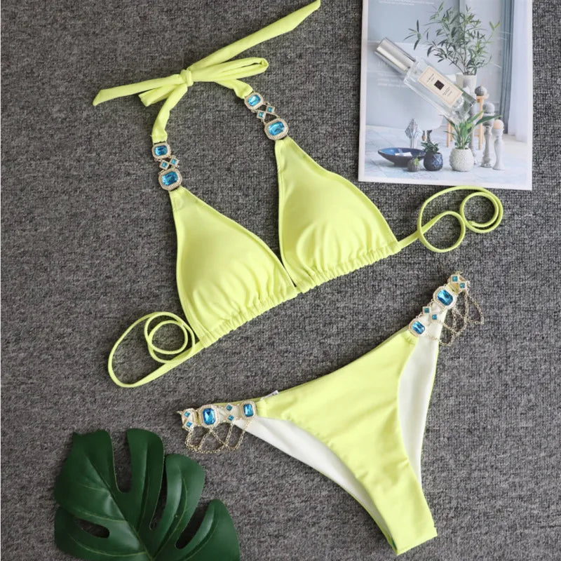 Sexy Black Rhinestone Bikini Set for Women - Push Up Swimsuit with Sparkling Stones, High Waisted Beach Swimwear, Bathing Suit for Pool & Summer Vacations | Perfect for Beach Parties, Poolside Lounging & Tropical Getaways
