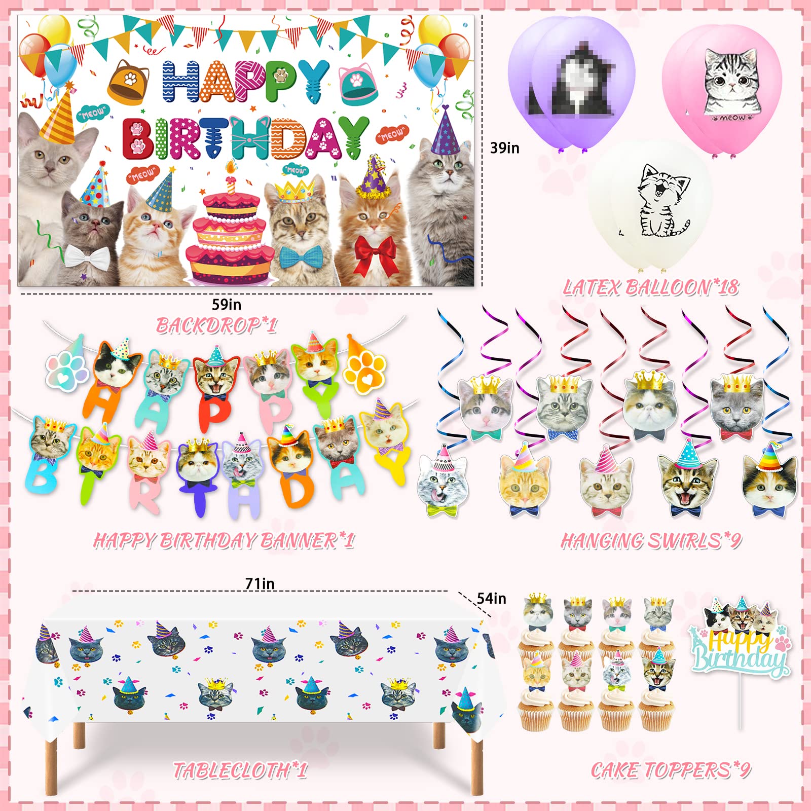 Cat Birthday Party Decorations Set - Includes Backdrop, Banner, Hanging Swirls, Cake Topper & Tablecloth for Kitten Themed Celebrations | Perfect for Girl's Birthday, Kitty Shower & Pet Lover Events
