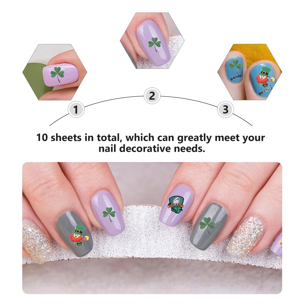 Uonlytech 10 Sheets St. Patrick's Day Nail Stickers - Green Nail Art Decals, Self-Adhesive Nail Tips for Manicure, Women & Kids (Perfect for DIY Nail Art, Parties & Festive Celebrations)