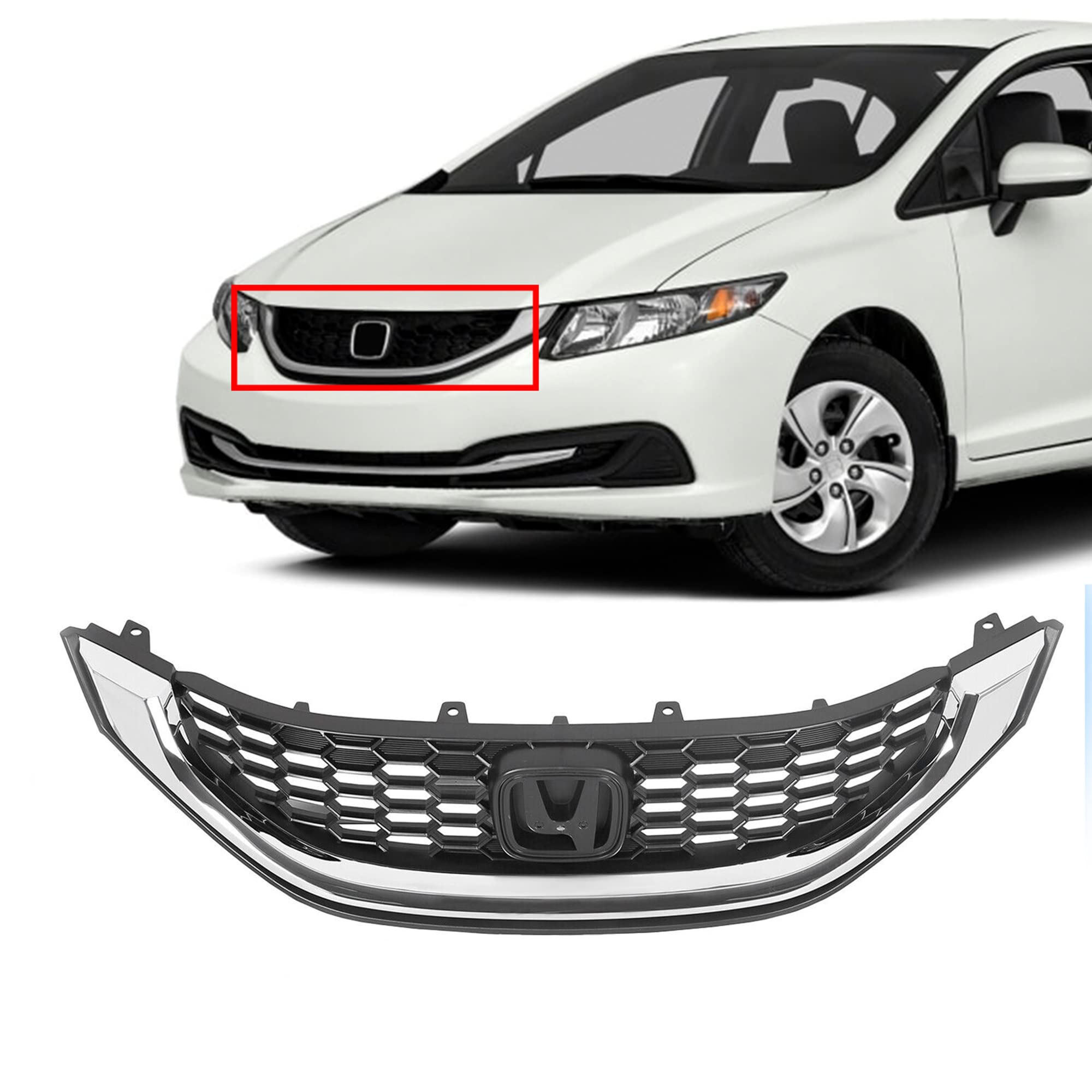 Black & Chrome Front Bumper Grille for 2013-2015 Honda Civic Sedan | Perfect Fit Replacement Part | Enhances Vehicle Style & Protection for Daily Driving & Car Shows