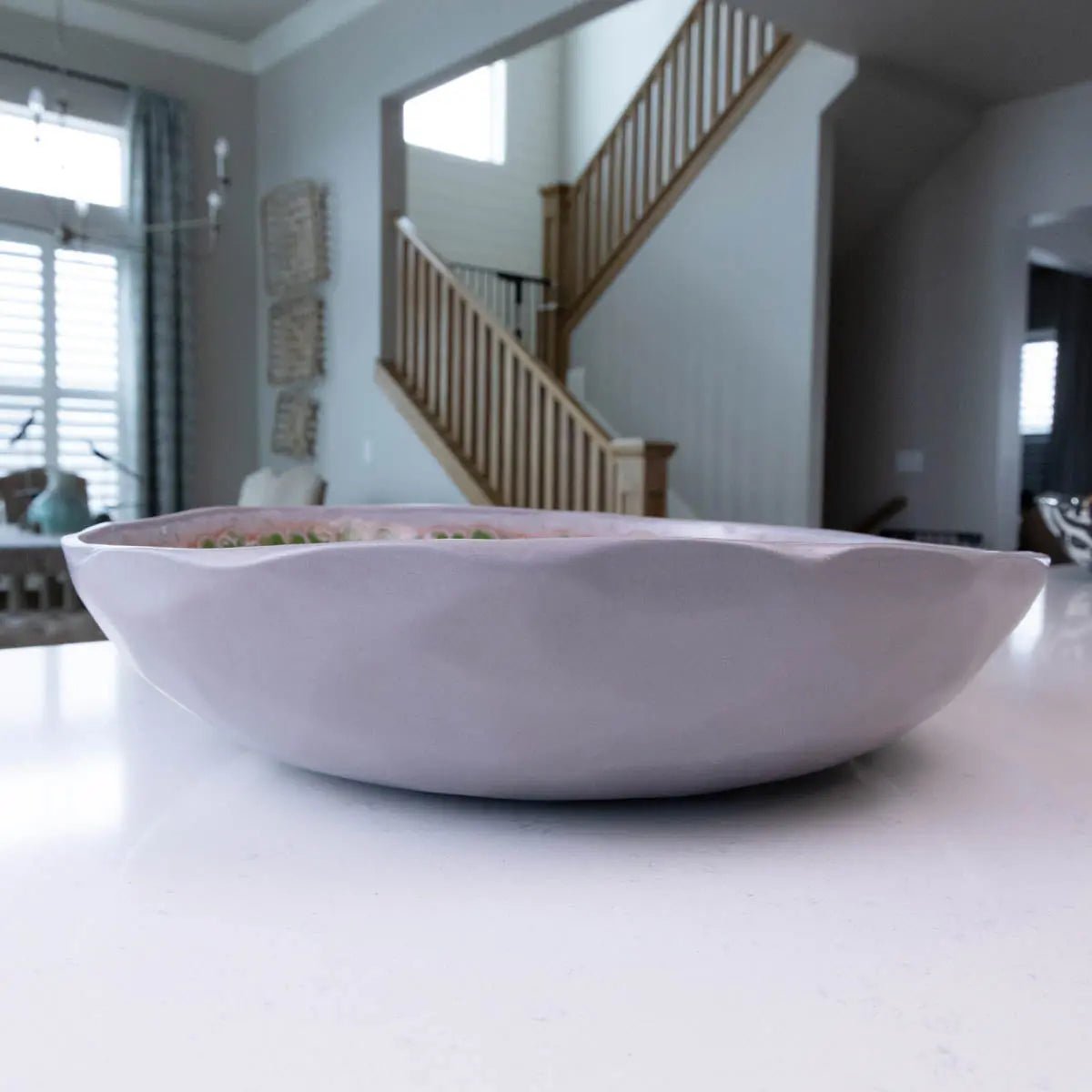 XXL Gray Stoneware Serving Bowl - Handcrafted Decorative Bowl with Mosaic Bottom in Pink, Green, Yellow & Blue (Alchemy Collection) | Perfect for Fruit Display, Centerpiece Decor, and Home Serving