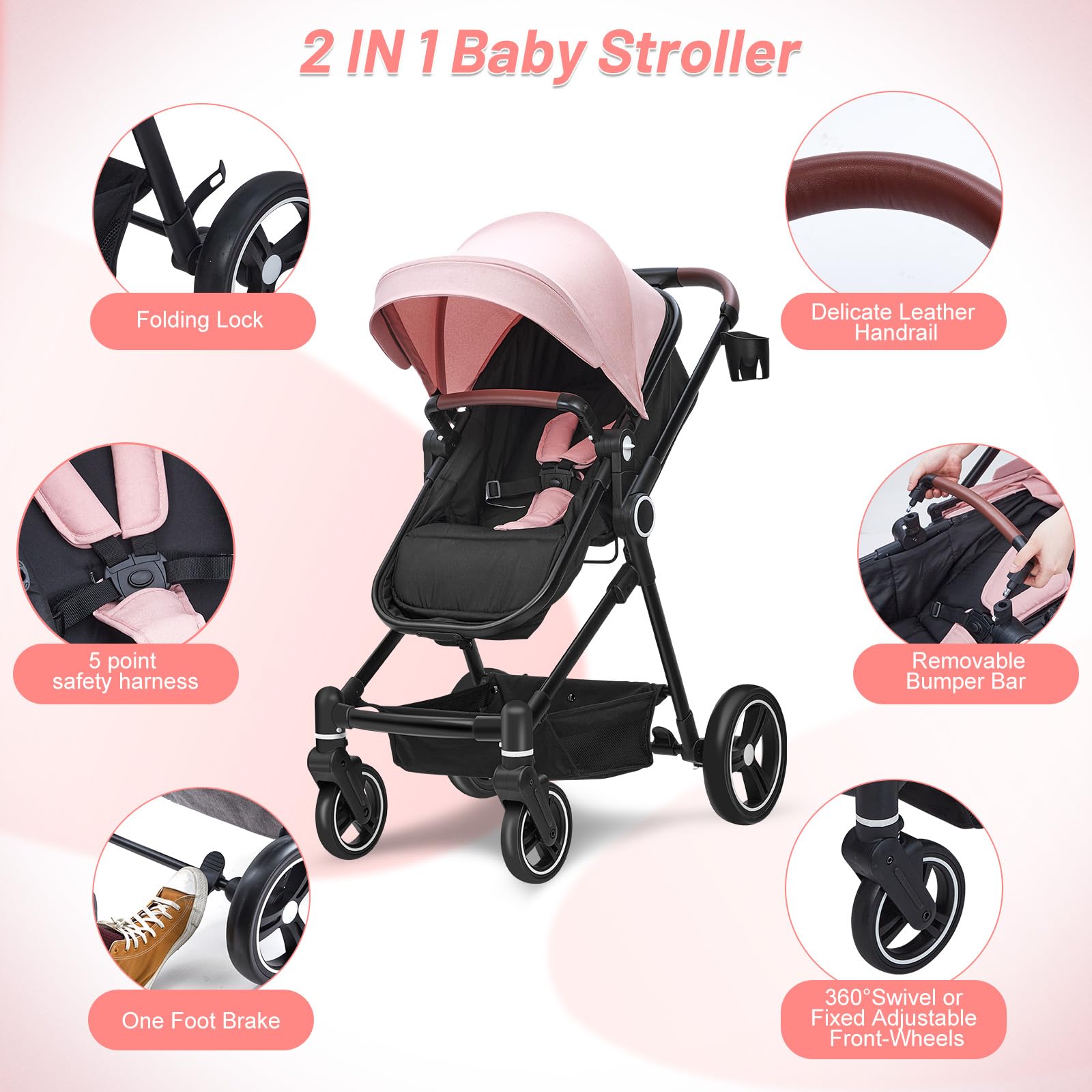 2 in 1 Baby Stroller for Newborn to Toddler (0-3 Years) - Convertible Bassinet Stroller with Large Storage Basket, Shock Absorption & Removable Seat - Includes Cup Holder - Perfect for Walks, Shopping & Travel