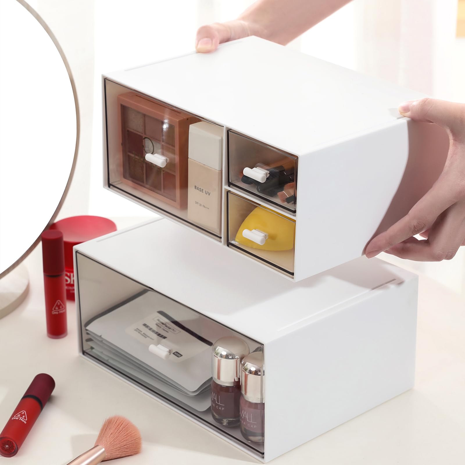 4-Drawer Desk Organizer & Makeup Storage Box for Nail Polish, Lipstick, Brushes, Jewelry - White Cosmetic Organizer for Vanity, Bathroom & Office Organization