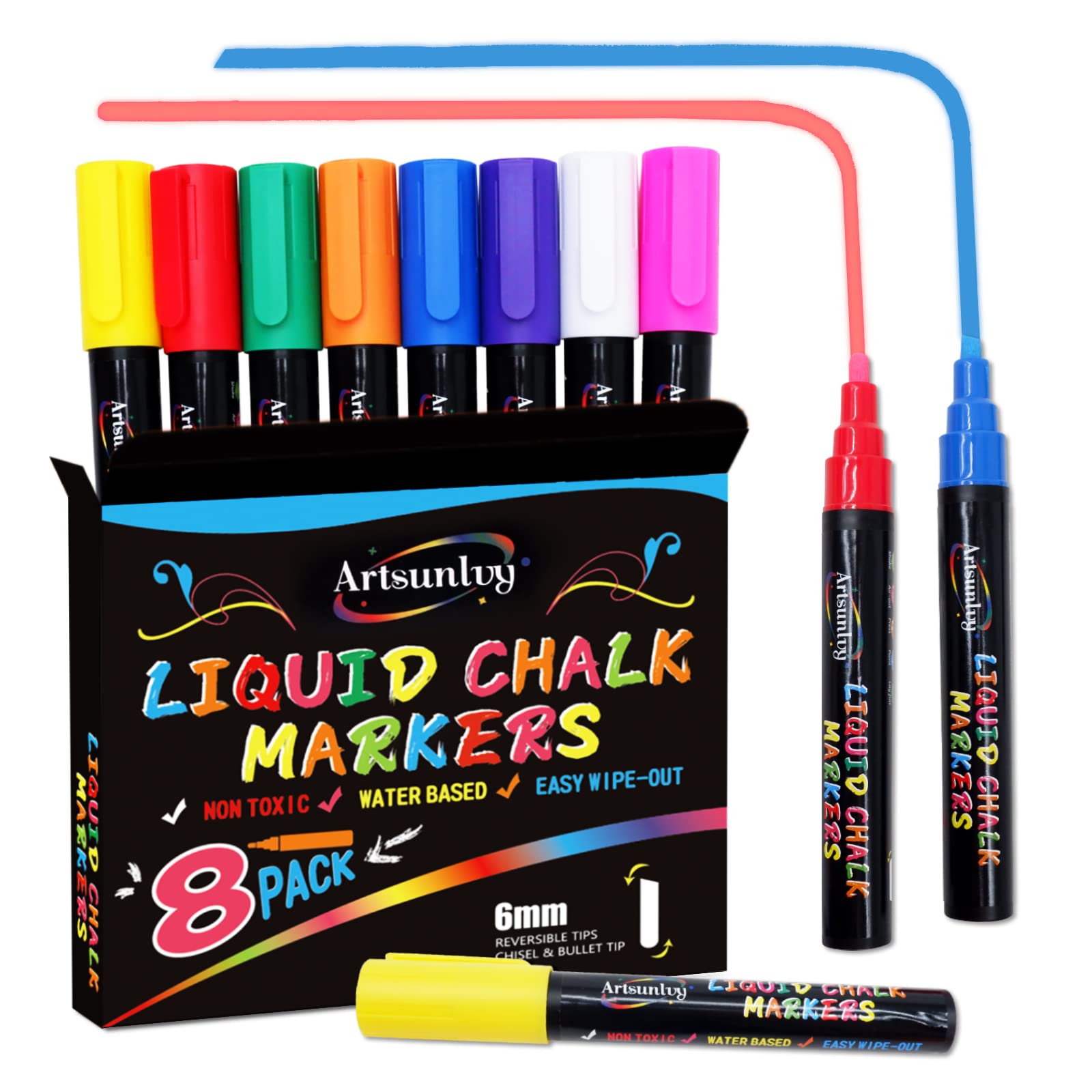 8 Colors Chalk Markers - Non-Toxic, Water-Based, Erasable Chalkboard Pens with Reversible Tips - Perfect for Signs, Car Windows, Blackboards & Dry Erase Boards - Ideal for Restaurants, Classrooms & DIY Crafts