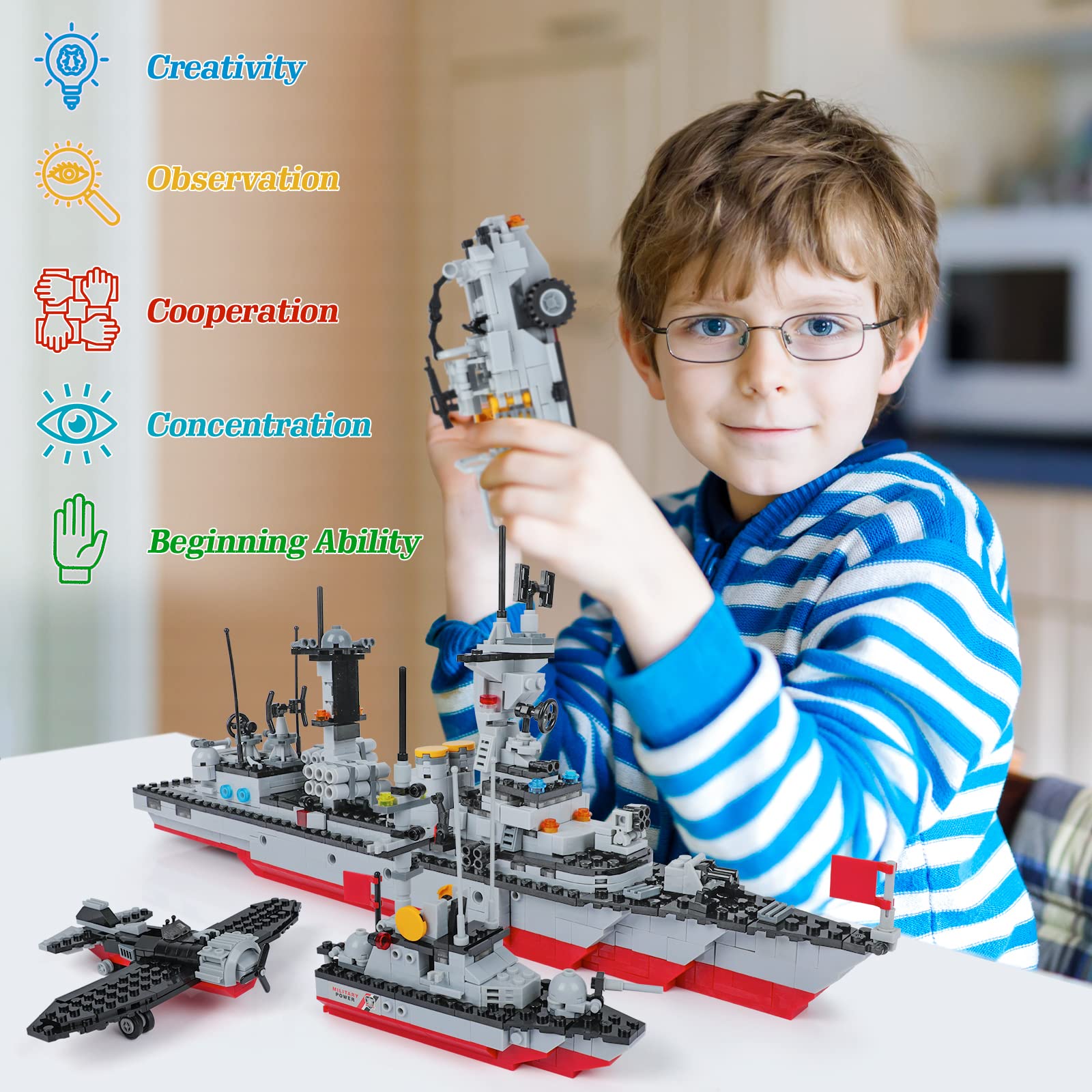 1296-Piece Military Aircraft Carrier Building Blocks Set - Warship Battleship Model Kit with Airplane, Patrol Boat, Army Car & Tank | STEM Educational Toy for Kids Ages 6-12 | Creative Roleplay Gift for Boys & Girls | Perfect for Birthday, Christmas & Navy-Themed Playtime