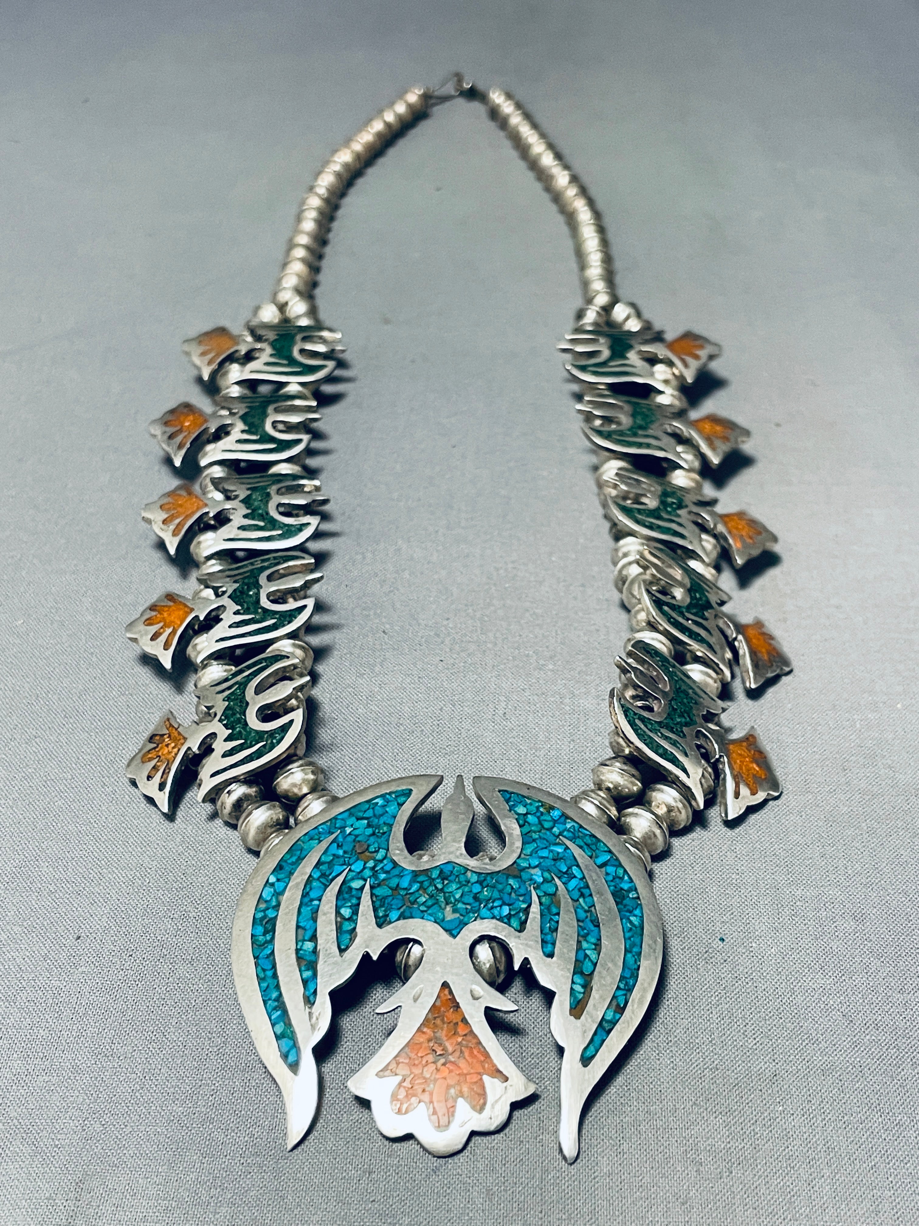 124 Gram Vintage Native American Navajo Turquoise Inlay Sterling Silver Squash Blossom Necklace - Handcrafted Southwest Jewelry for Women, Perfect for Boho Fashion, Weddings & Special Occasions