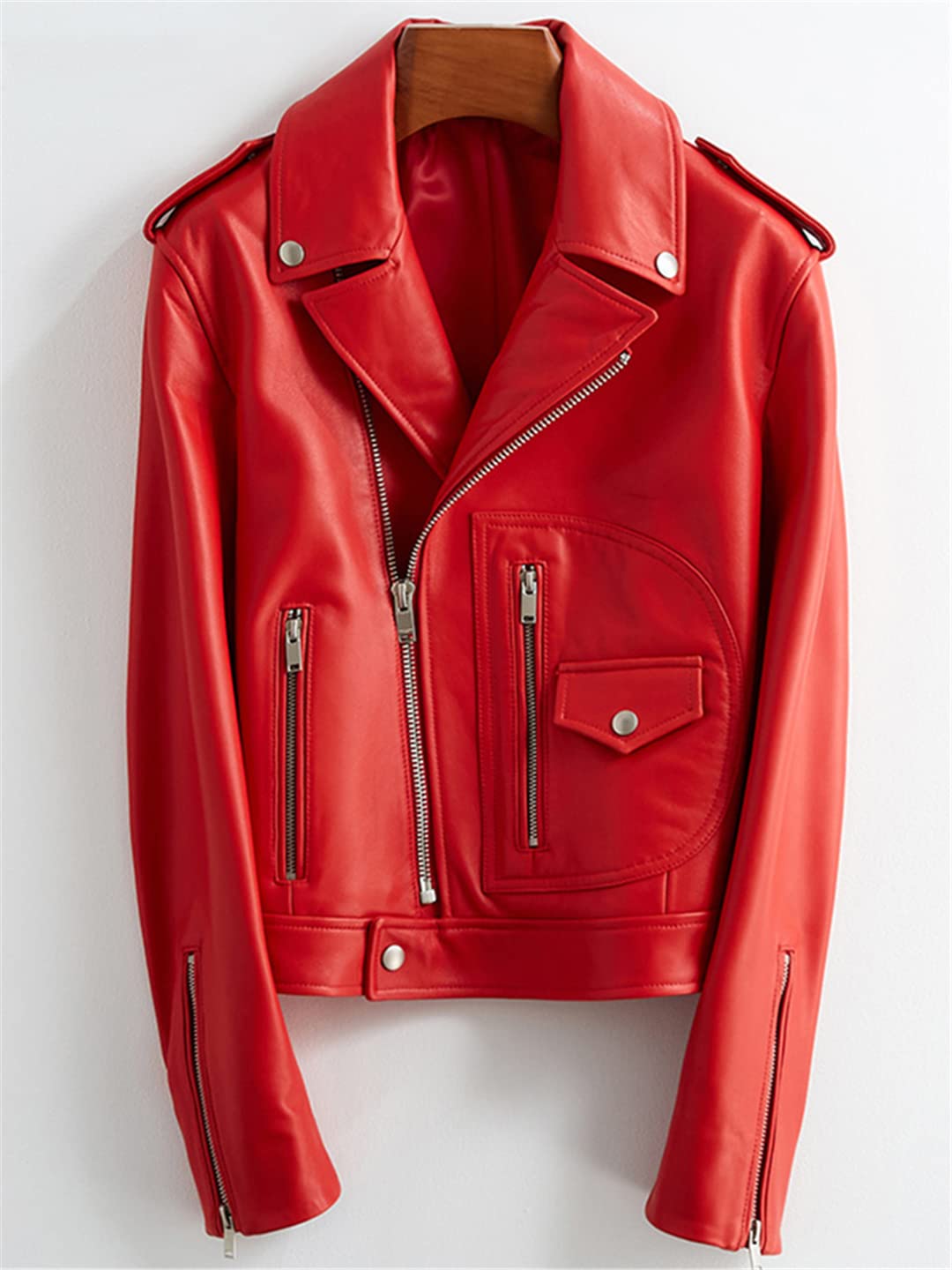 Women's Red & Black Faux Leather Biker Jacket - Long Sleeve Motorcycle Coat for Spring & Fall | Soft Vegan Leather Jacket for Riding, Casual Wear & Night Out