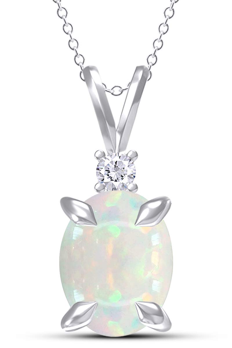 7X9MM Oval Cut Natural Opal & Diamond Teardrop Solitaire Pendant Necklace for Women - 14K Gold Over Sterling Silver, 18