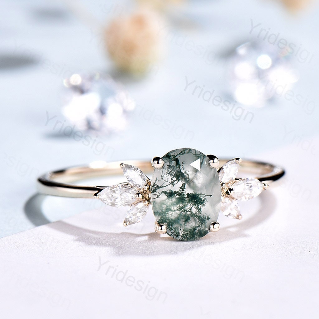 1.5CT Oval Natural Moss Agate Engagement Ring with Diamond Accents | Vintage Art Deco Wedding Band | Green Crystal Anniversary Jewelry for Women | Perfect for Proposals, Weddings & Special Occasions