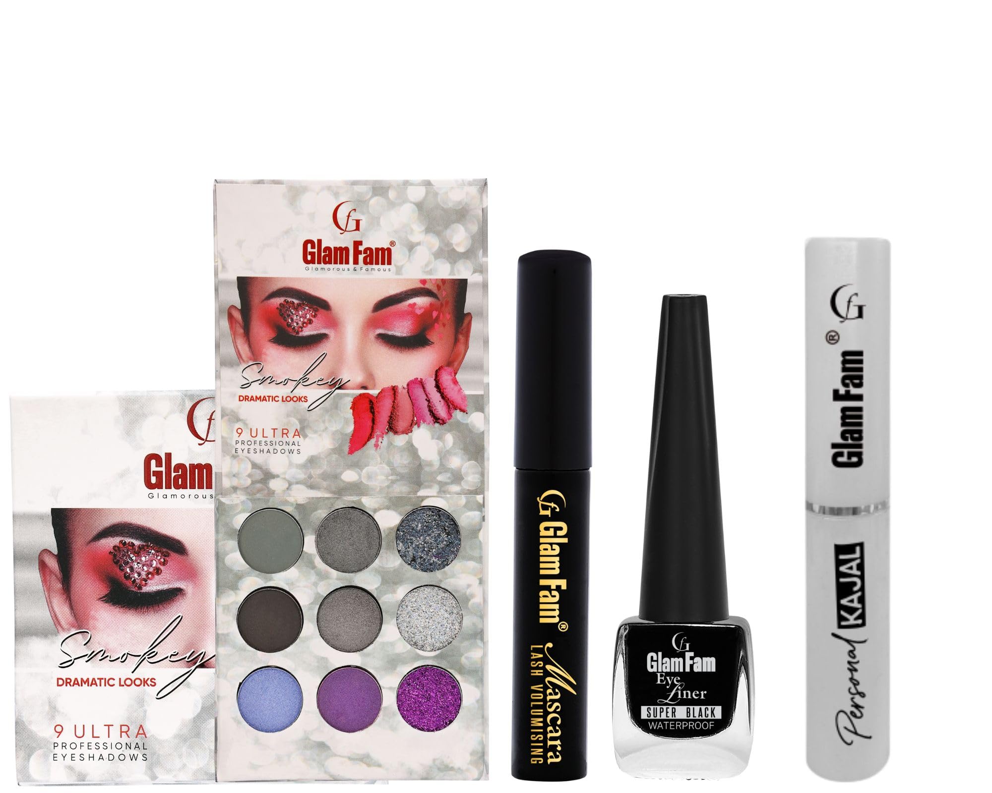 GLAM FAM Smokey Dramatic Look Eyeshadow Palette - Waterproof, Long Lasting, 9-in-1 Makeup Kit with Kajal, Eyeliner & Mascara | Perfect for Party, Wedding & Night Out Makeup