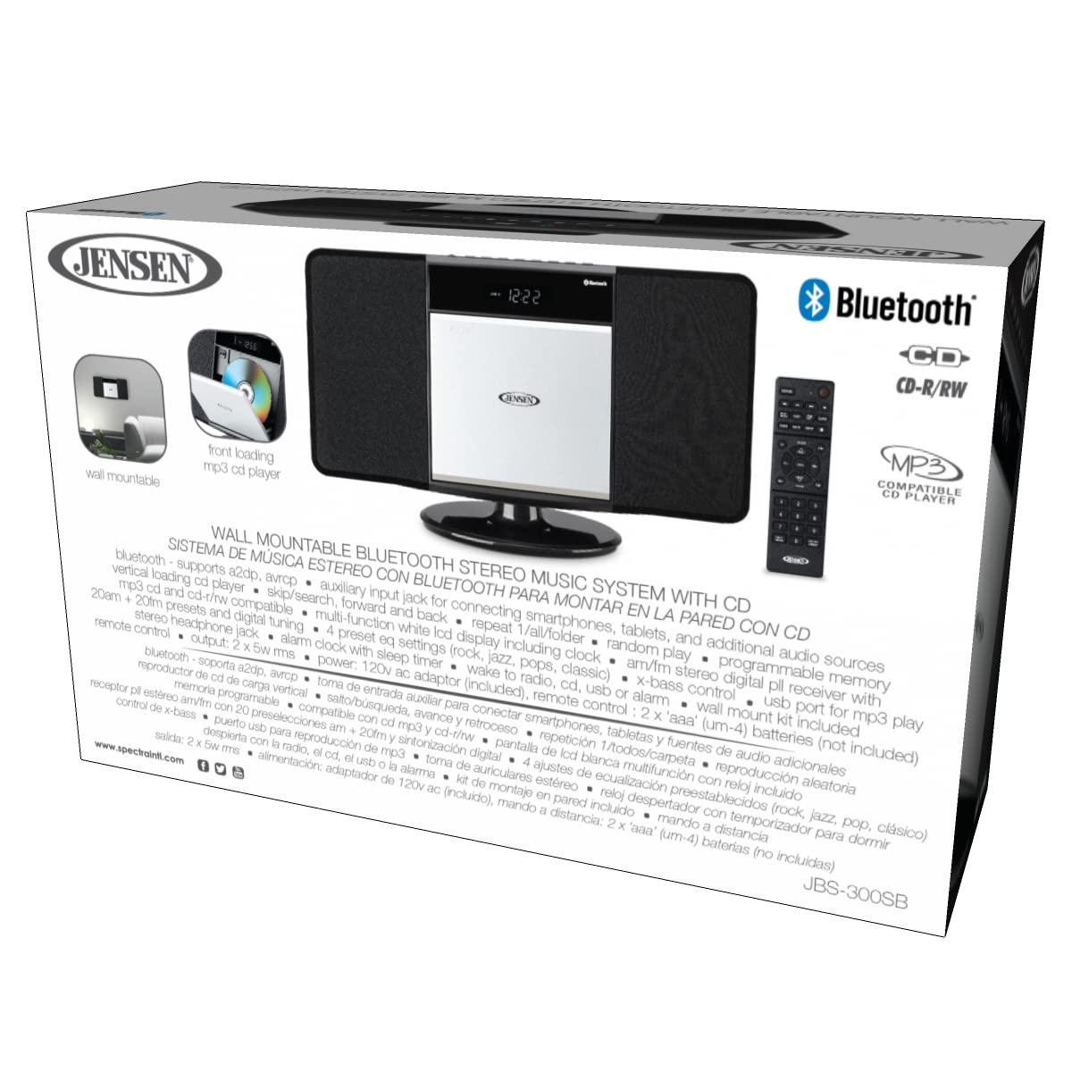 Jensen JBS-300 Modern Bluetooth Stereo Music System with CD/MP3/WMA Player, Wireless Streaming & USB Port | Digital AM/FM Stereo with Remote | Perfect for Home, Office & Party Entertainment
